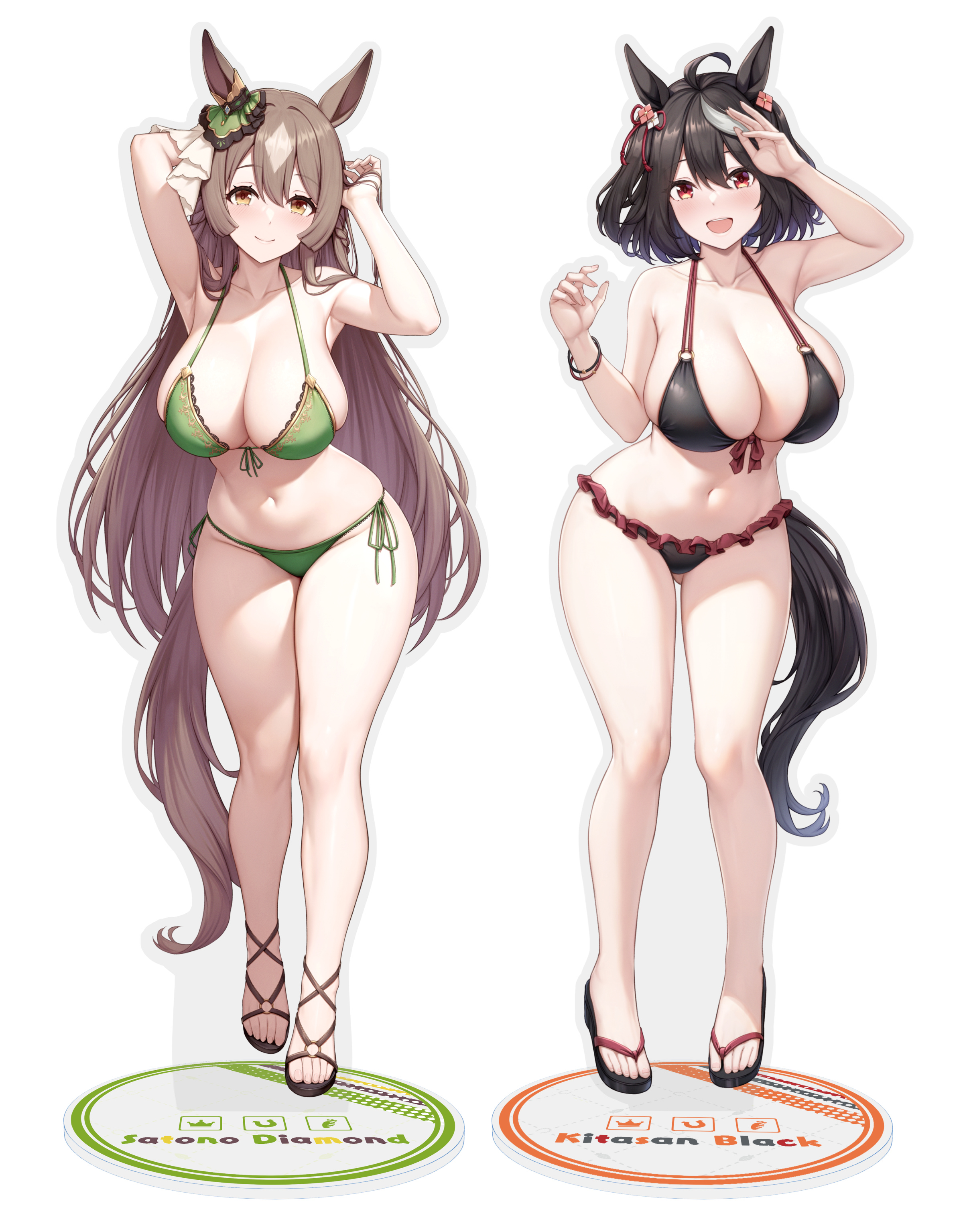 2girls, ahoge, big breasts, bikini, black hair, blush, bracelet, breasts, brown eyes, brown hair, character name, cleavage, closed mouth, eyebrows visible through hair, feet, female, female only, frilled bikini, front-tie bikini top, hair between eyes, hair ornament, halter bikini, halterneck, horse ears, horse girl, horse tail, kitasan black (umamusume), large breasts, light skin, light-skinned female, long hair, open mouth, paintcan, red eyes, sandals, satono diamond (umamusume), side-tie bikini, smile, streaked hair, swimsuit, tail, umamusume, umamusume pretty derby, white background