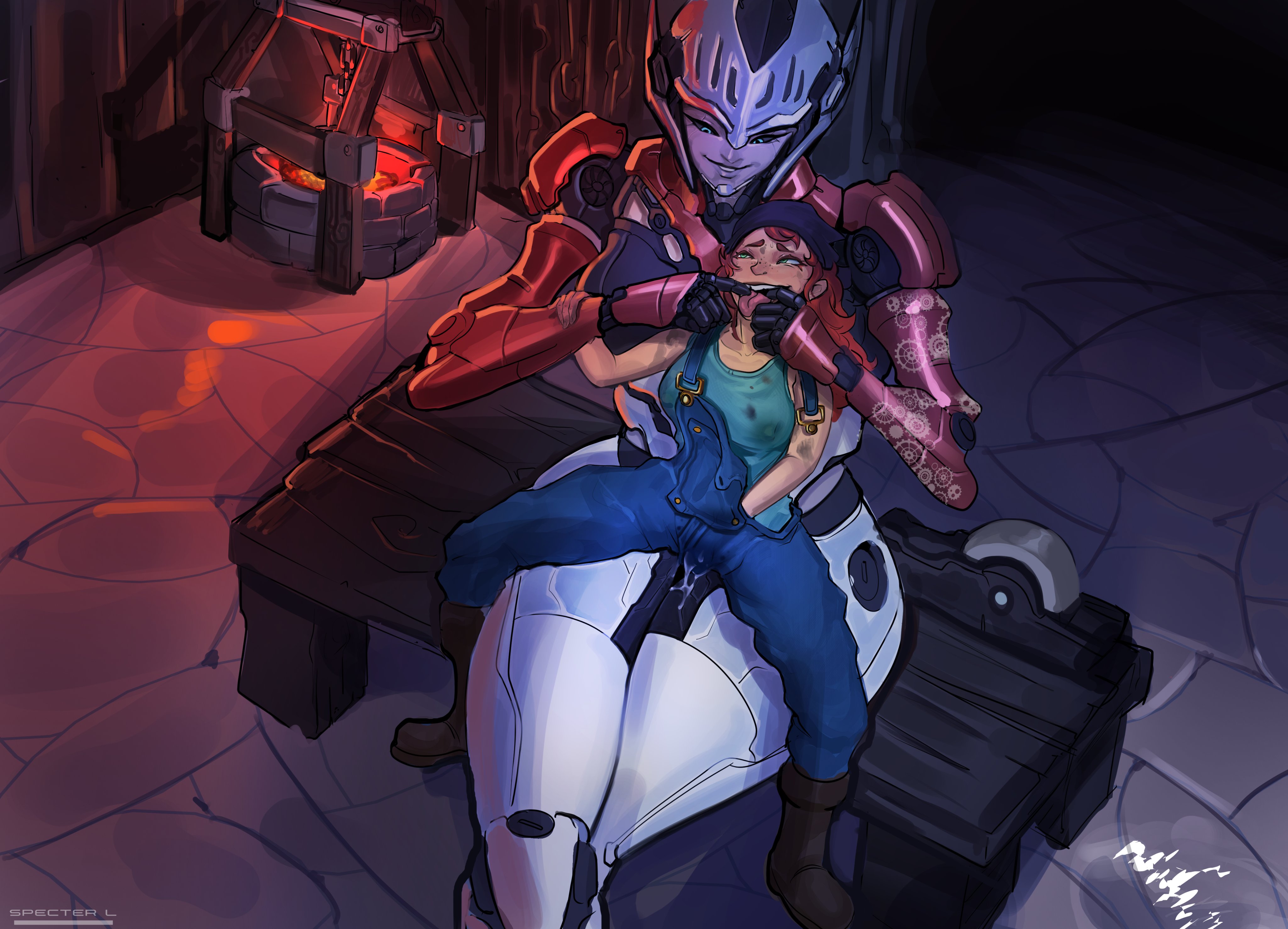clothed, female, female human, fingers in mouth, giantess, human, larger female, larger robot, masturbation, nsfwspecter, oc, on lap, pussy, pussy juice, robot, robot girl, size difference, smaller female, smaller human, specterl, transformers, yuri