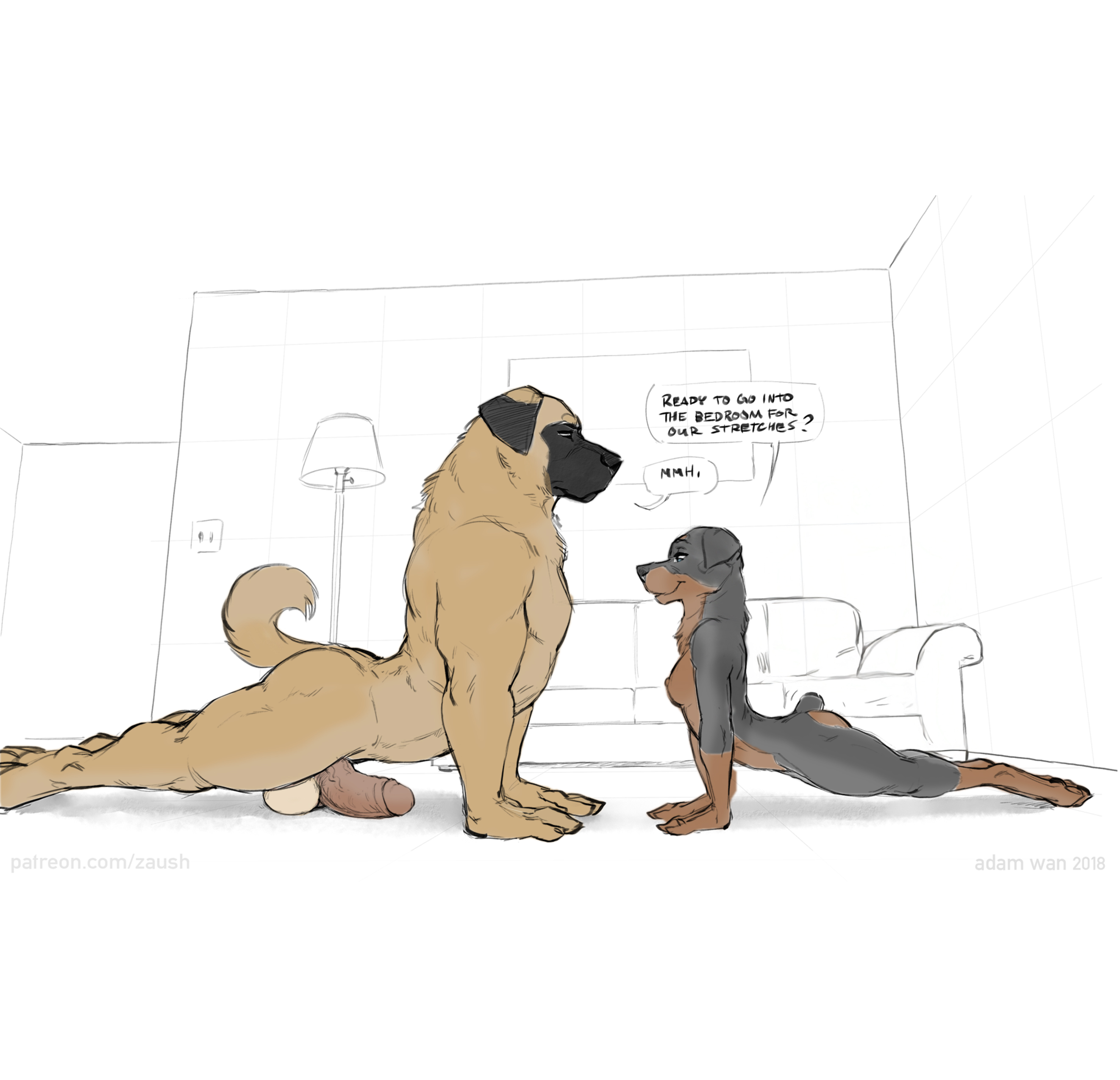 adam wan, anthro, balls, canid, canine, canis, colored, domestic dog, edited, female, kangal, kangal (zaush), larger male, male, nude, penis, rottweiler, size difference, yoga, zaush