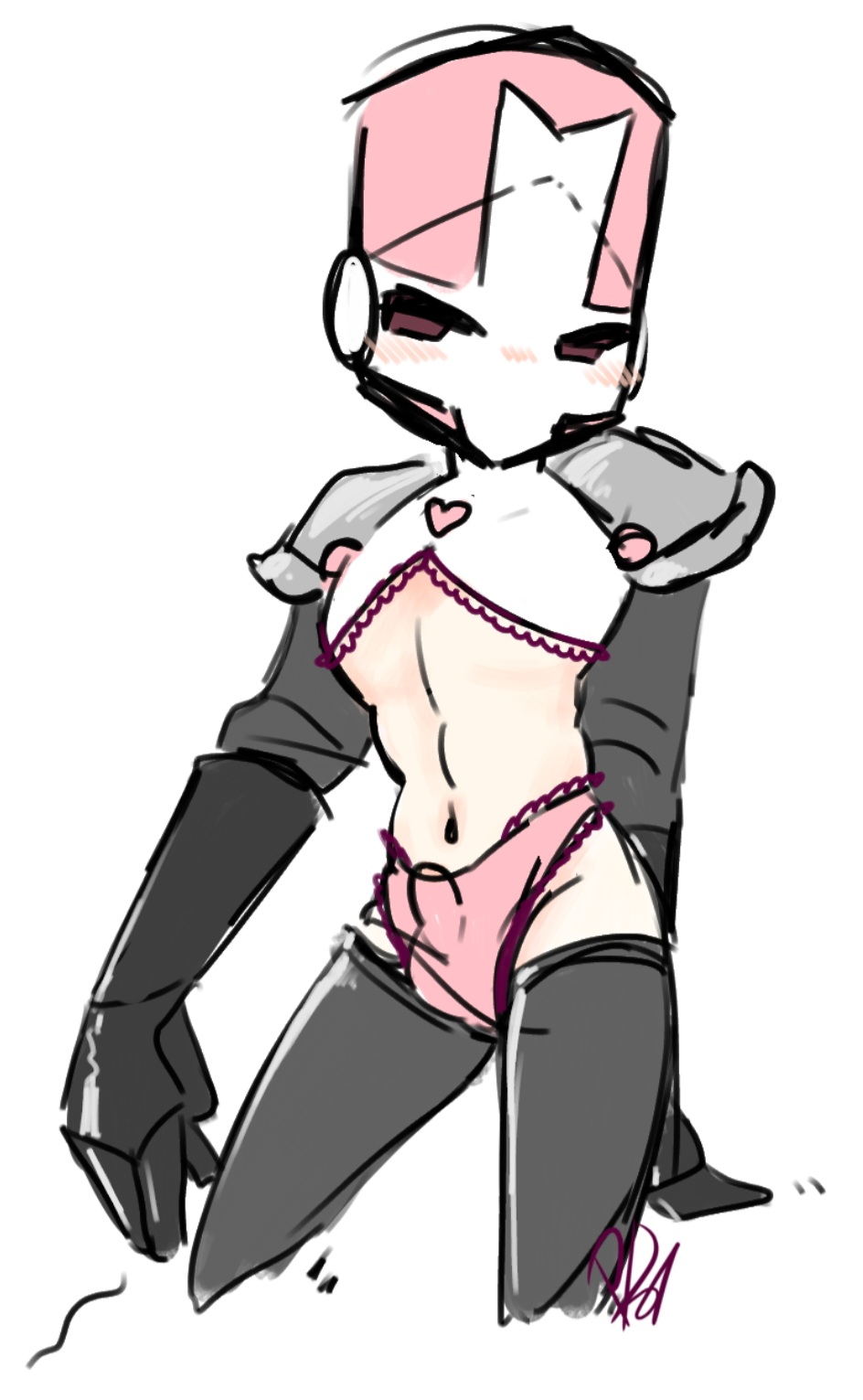 castle crashers, dark gloves, dark thigh highs, femboy, gauntlets, gloves, helmet, lace, lace panties, male, male only, pale skin, panties, penis, penis outline, pink eyes, pink knight, pink panties, pinkdeaddove, skimpy armor, skimpy clothes, skimpy outfit, small bulge, small penis, solo, thigh highs, thighhighs, thighs, visible underwear, white background