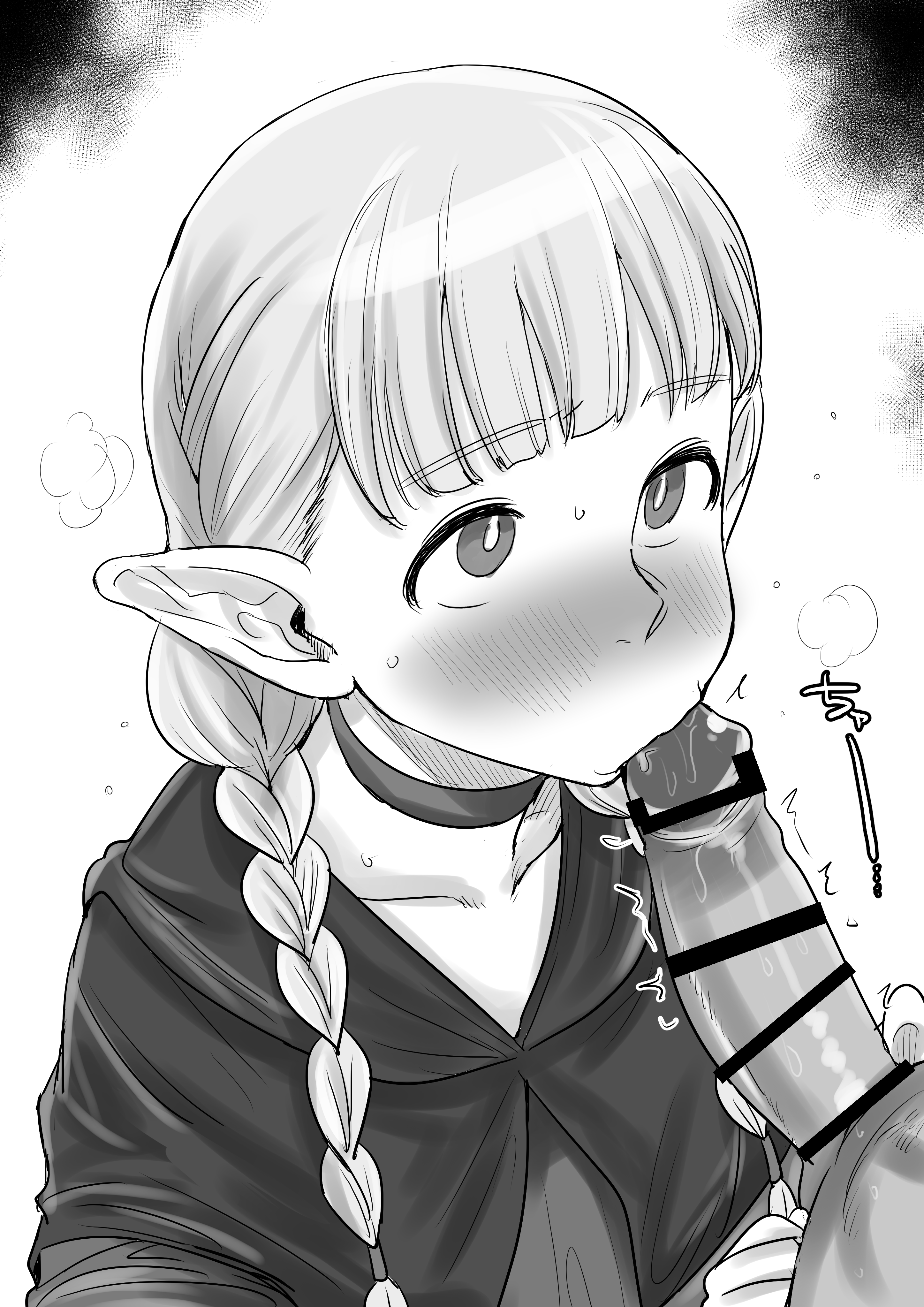 1boy, 1girls, blonde hair, blush, braid, braided hair, choker, dungeon meshi, elf, elf ears, fellatio, female, femsub, kaiman garupan, long hair, male, maledom, marcille donato, nervous, oral, penis