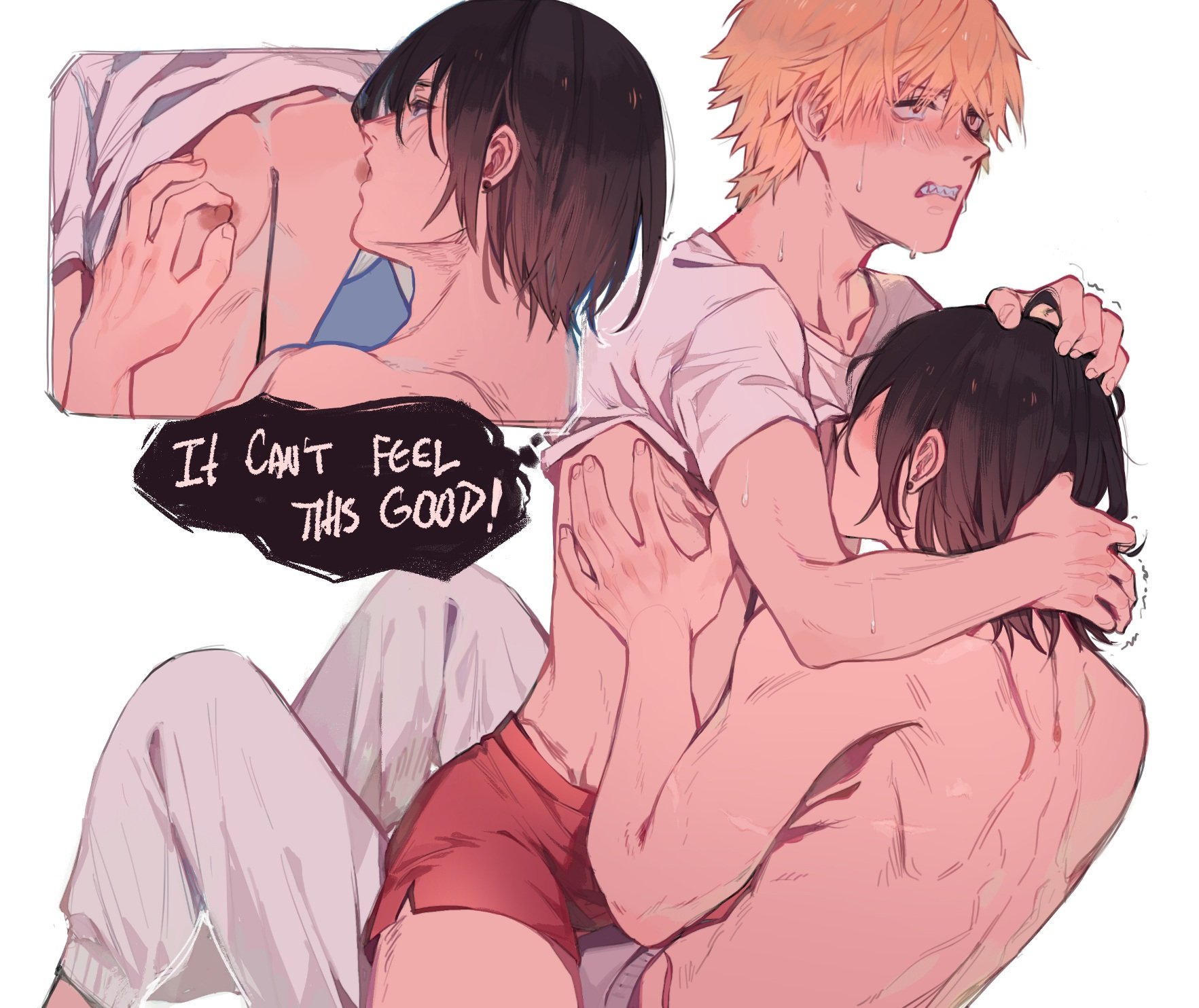 blush, blush lines, chainsaw man, clenched teeth, denji (chainsaw man), earrings, gay, hand on another's head, hayakawa aki, licking, licking nipples, male, male focus, male only, nipple fetish, nipple play, nipple stimulation, nipples, pants, red shorts, saltyfrites, sharp teeth, shirt, shirt lift, shirt up, shorts, sucking, sucking male nipple, sucking nipples, sweat, sweatdrop, sweating, topless, topless male, yaoi