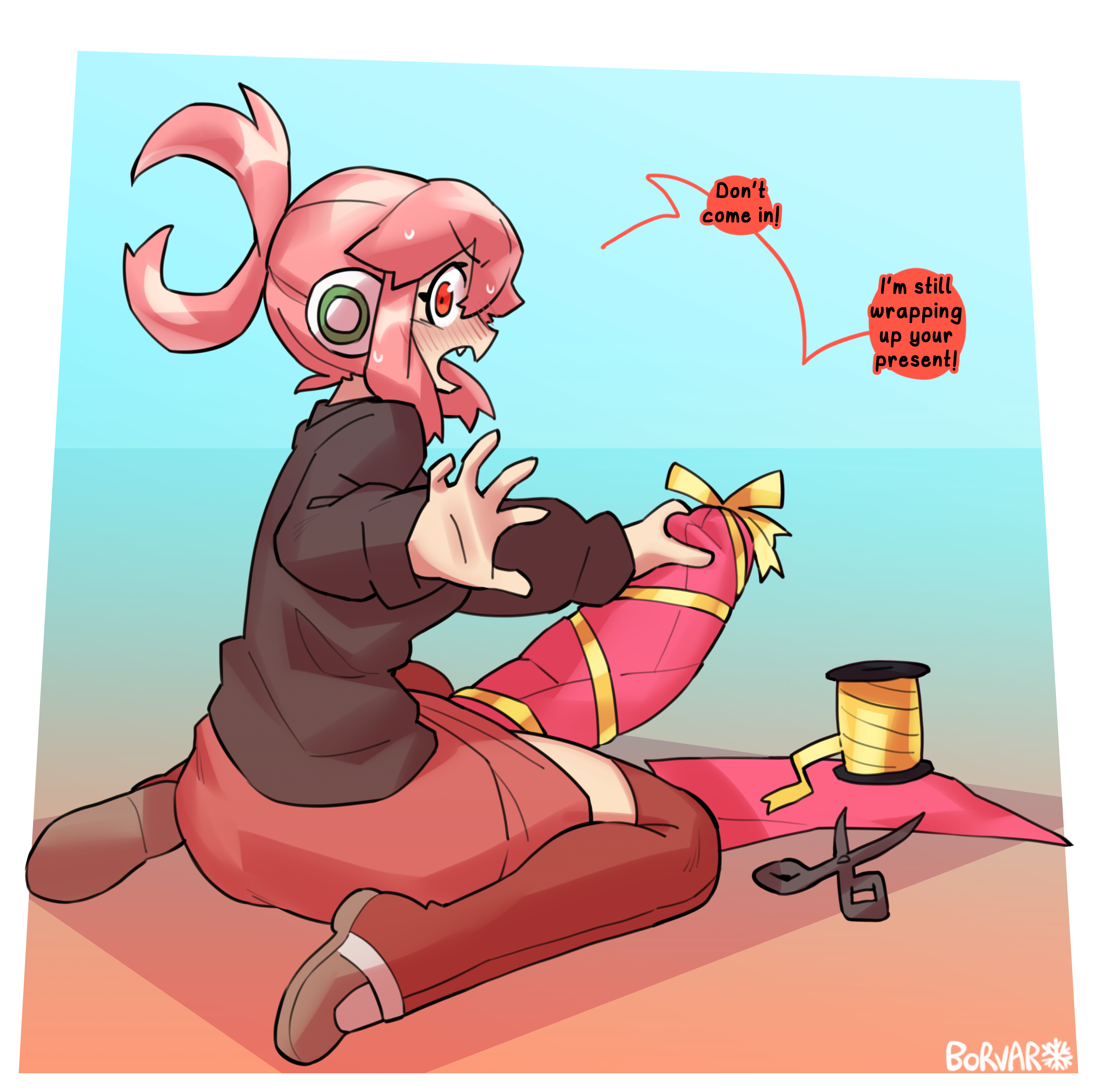 1futa, blush, blushing, borvar, dialogue, embarrassed, futanari, huge cock, kae (suguri), light skin, looking at viewer, looking back, orange juice (company), pink hair, red eyes, suguri (series), text, wide eyed