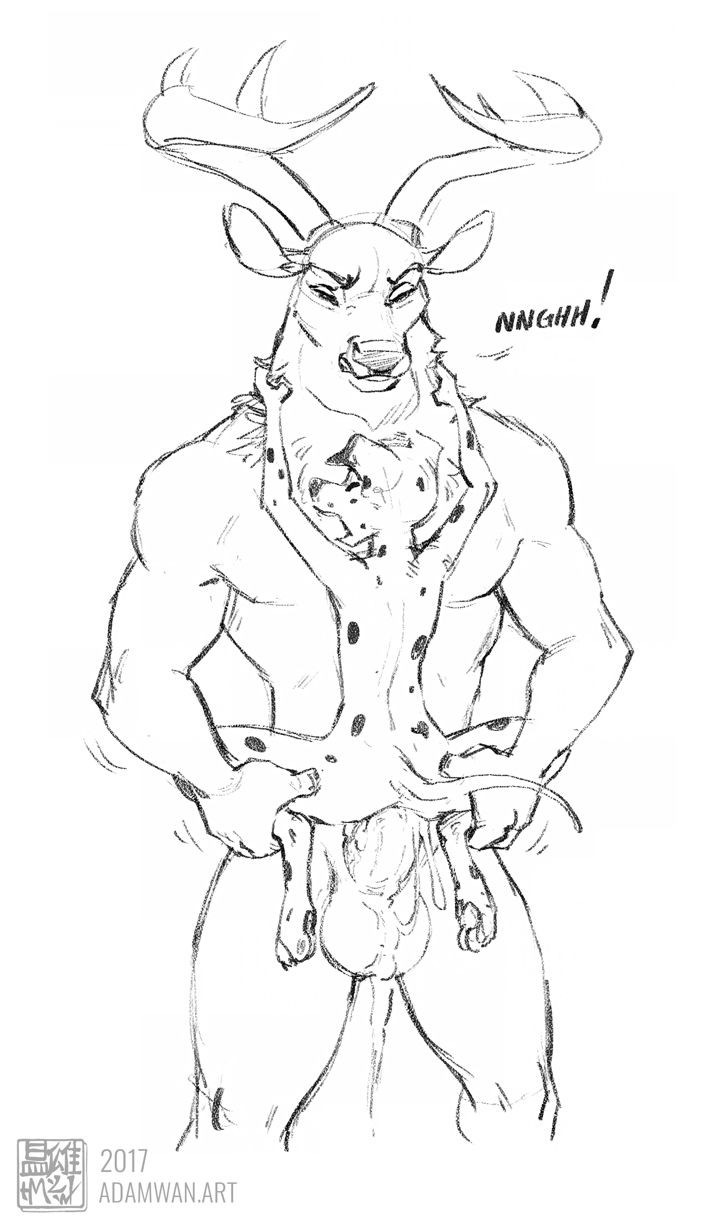 2017, adam wan, anthro, balls, big balls, canid, canine, canis, cum, cum inside, dalmatian, deer, domestic dog, female, larger male, male, male/female, monochrome, penis, sex, size difference, sketch, zaush