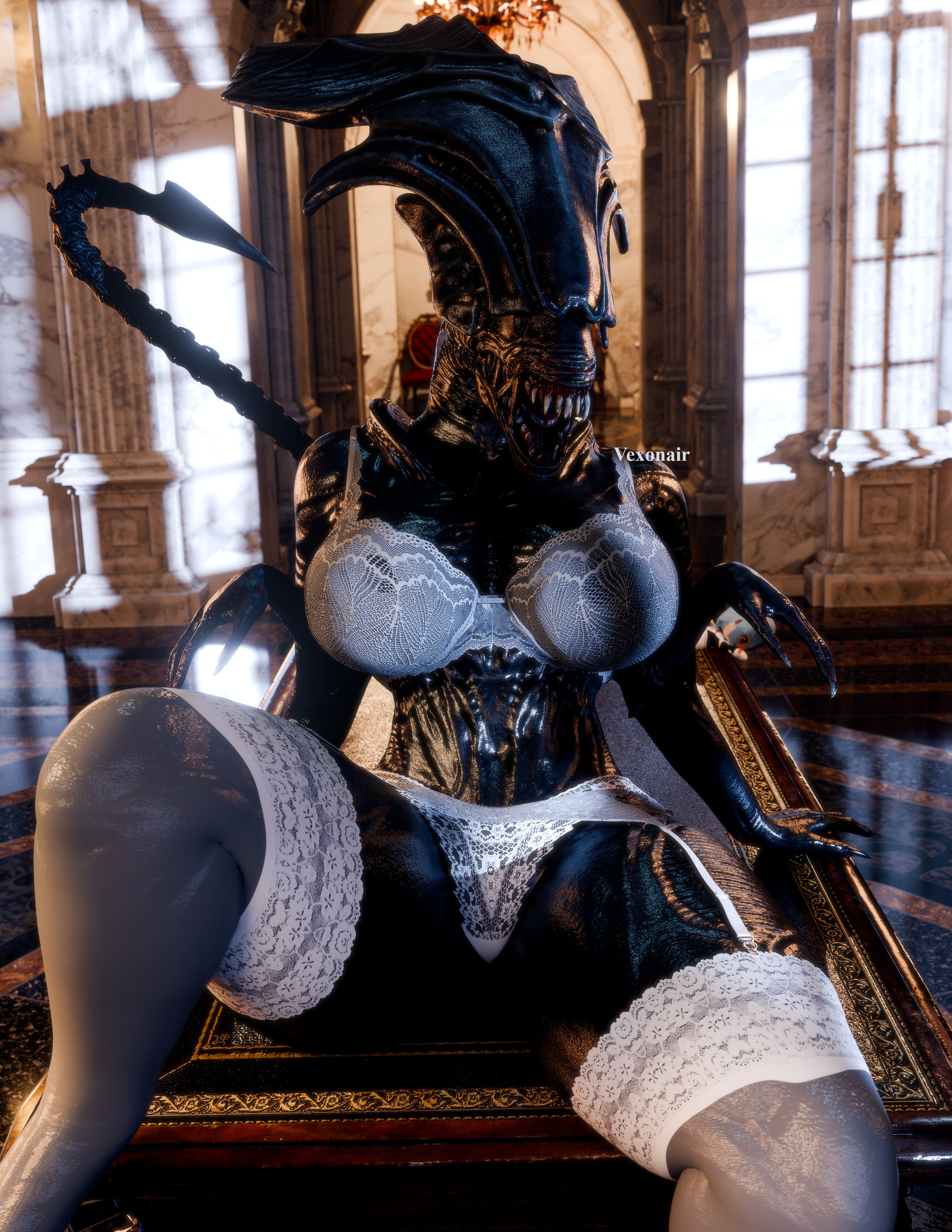 1girls, 3d, alien, alien (franchise), alien girl, big breasts, breasts, dead by daylight, exoskeleton, female, female only, female xenomorph, femomorph, huge breasts, lingerie, solo, solo female, vexonair, xenomorph, xenomorph queen, xenomorph tail