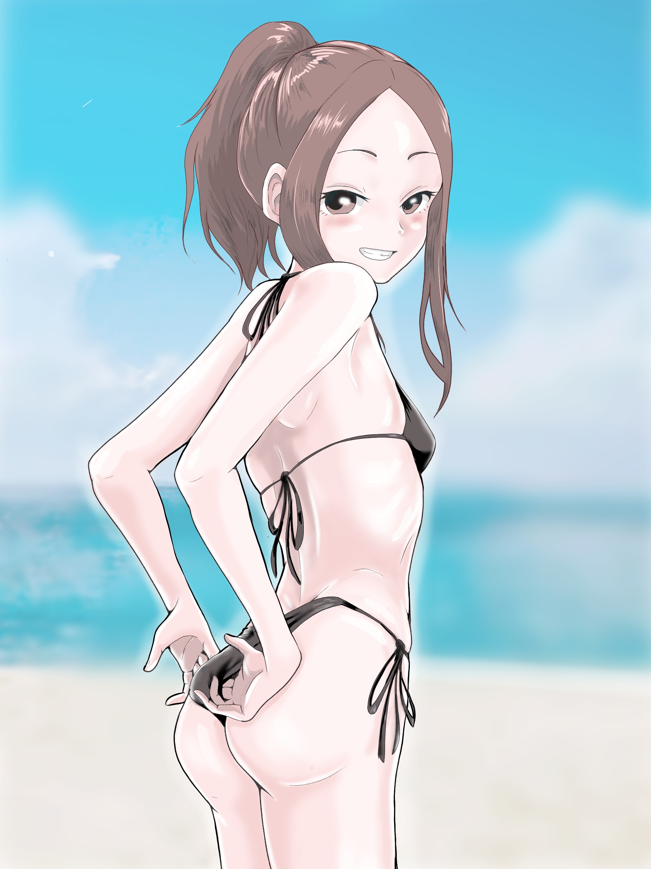 1girls, alternate hairstyle, beach, bikini, bikini strings, black bikini, blush, female, hand on butt, hatomugi (user datj4345), karakai jouzu no (moto) takagi-san, karakai jouzu no takagi-san, looking at viewer, pinup, ponytail, pulling clothing, seaside, short hair, smiling, smiling at viewer, solo, solo female, solo focus, standing, takagi-san, teeth, thighs