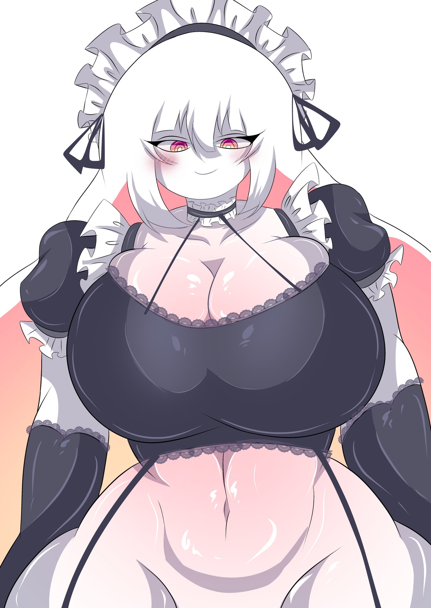 1girls, aniram 13, belly button, big breasts, blush, boob window, bottomless, breasts, colorful eyes, female, fnf entity, friday night funkin, looking down at viewer, maid, maid headdress, maid uniform, mostly nude female, nikusa (sugarratio), simple background, smile, tagme, twitter username, white body, white hair