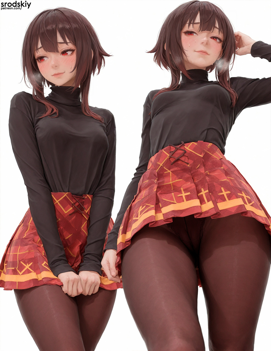 1girls, ai generated, breasts, buttocks, camel toe, cameltoe, collage, cute, cute expression, cute eyes, cute face, female, female only, first person view, front view, hips, horny, horny expression, horny female, knees together, kono subarashii sekai ni shukufuku wo!, konosuba, lips, lipstick, looking at viewer, low-angle view, megumin, miniskirt, multiple angles, multiple poses, multiple views, pantyhose, perky breasts, petite, petite body, petite breasts, petite female, pov, pov eye contact, pussy, pussy visible through clothes, shy, shy expression, skirt, small breasts, soft breasts, solo, solo female, solo focus, srodskiy, sweater, tagme, teenage female, teenager, thighs, thin female, thin waist, tiny waist, vagina, vulgar, young, young female, younger female