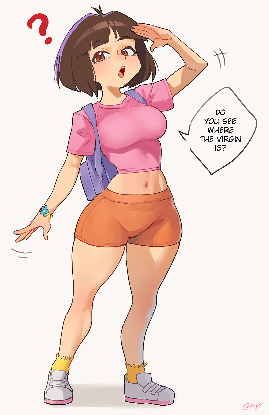 2d, 2d (artwork), aged up, backpack, bracelet, breasts, brown hair, celyn404, clothed, clothing, crop top, curvy, dora marquez, dora the explorer, female, hair, light skin, medium breasts, midriff, nickelodeon, shorts, solo, usayceln, whitewashed, wide hips