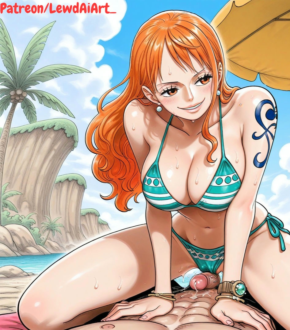 1boy, 1girls, abs, ai generated, arm tattoo, beach, big breasts, bikini, blue tattoo, blush, couple, curvy, curvy body, curvy female, female, lewdaiart, luffy, male, male/female, monkey d luffy, muscular, muscular male, nami (one piece), on top, one piece, orange hair, orange-haired female, penis, seductive smile, smile, tattoo, thick thighs