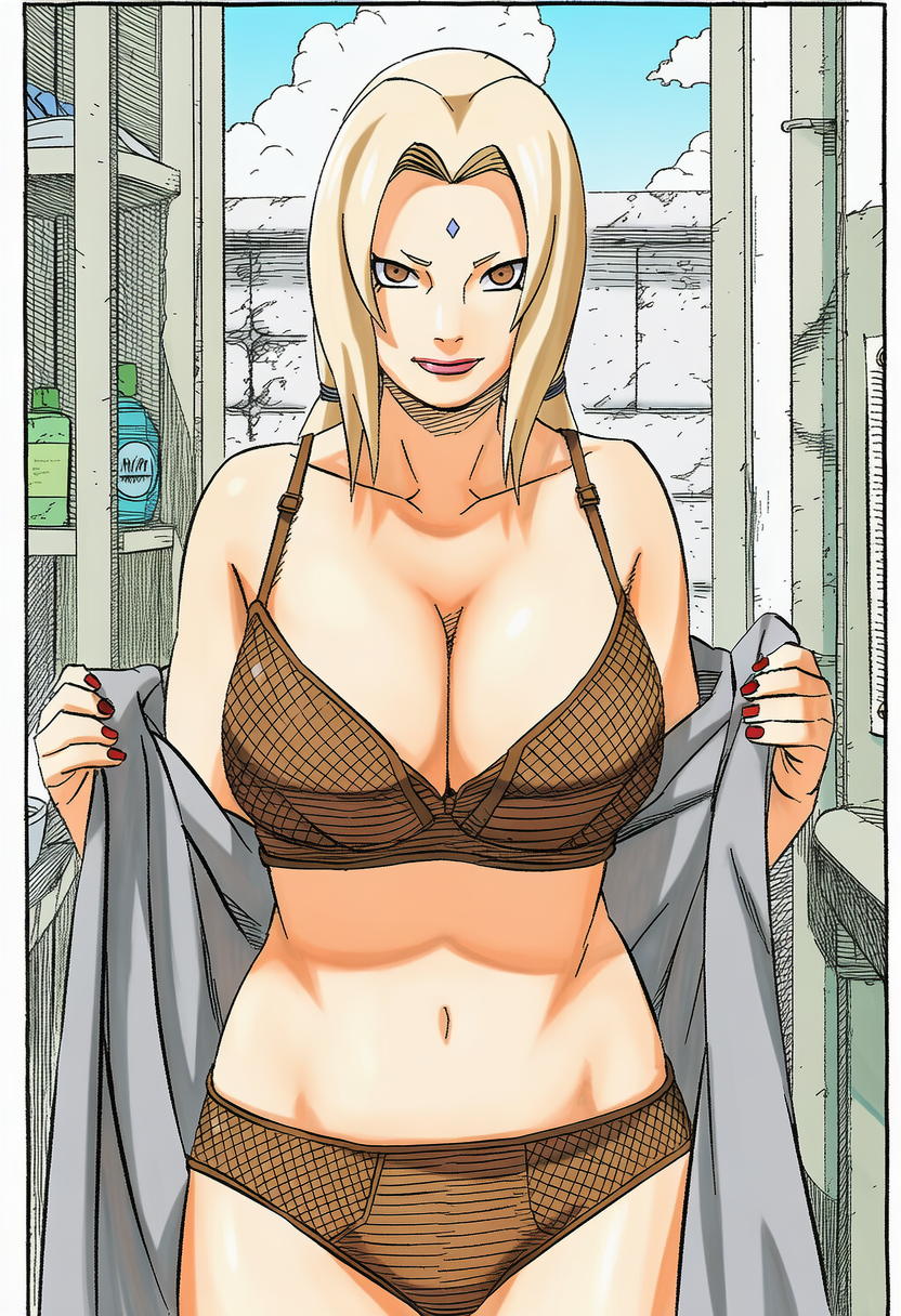 accurate art style, accurate body type, accurate proportions, ai generated, big breasts, blonde hair, breasts, busty, busty female, curvaceous, curvy, curvy female, curvy figure, female, light-skinned female, lingerie, manga style, milf, naruto, naruto (series), tsunade, underwear, undressing, voluptuous, voluptuous female