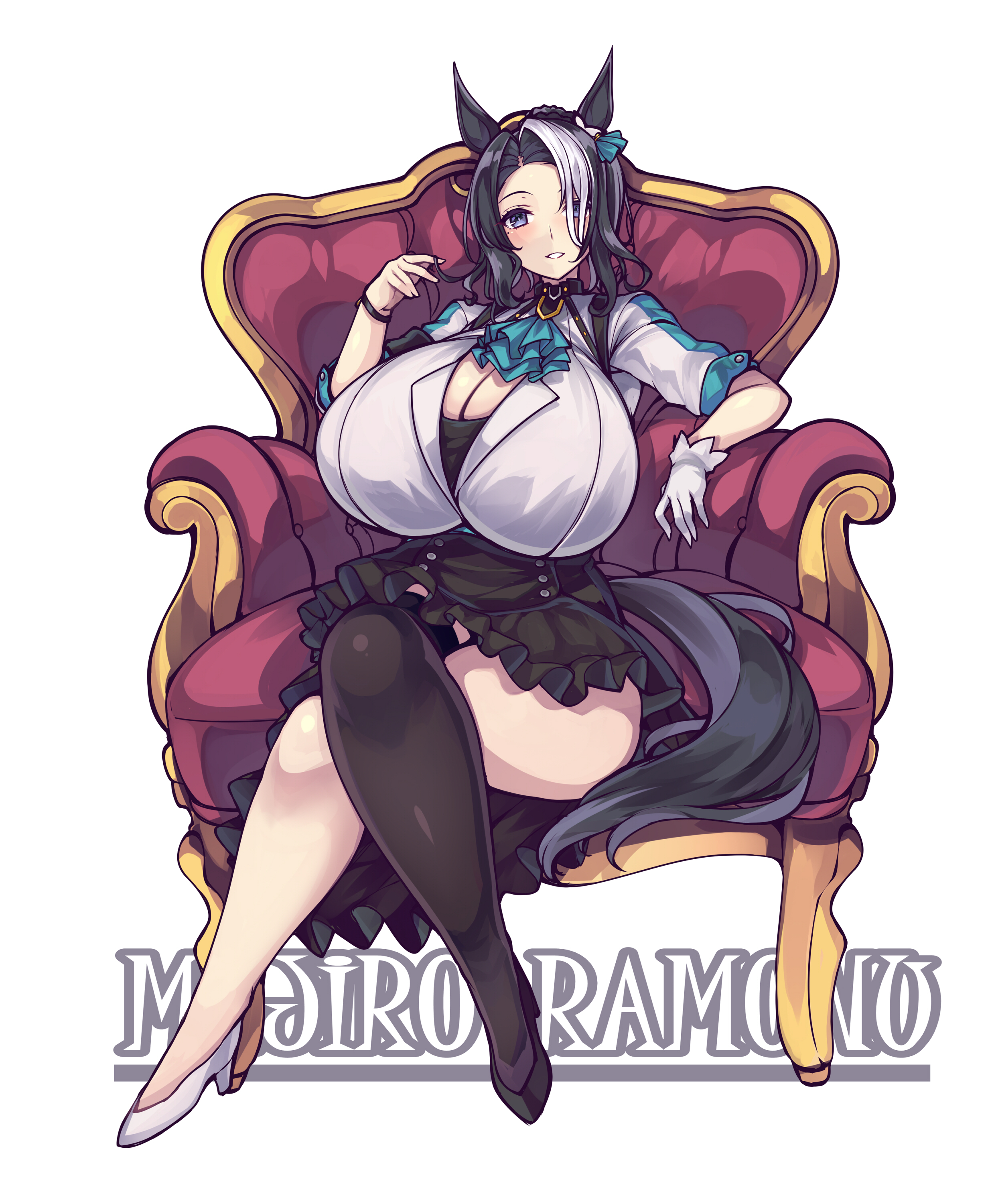 1girls, animal ears, asymmetrical clothes, asymmetrical legwear, bare legs, black hair, blush, breasts, chair, character name, cleavage, crossed legs, female, female only, gloves, horse ears, horse girl, horse tail, huge breasts, looking at viewer, mejiro ramonu (umamusume), multicolored hair, purple eyes, short sleeves, skirt, solo, streaked hair, thick thighs, thighhighs, tsumugie, umamusume, umamusume pretty derby, white background