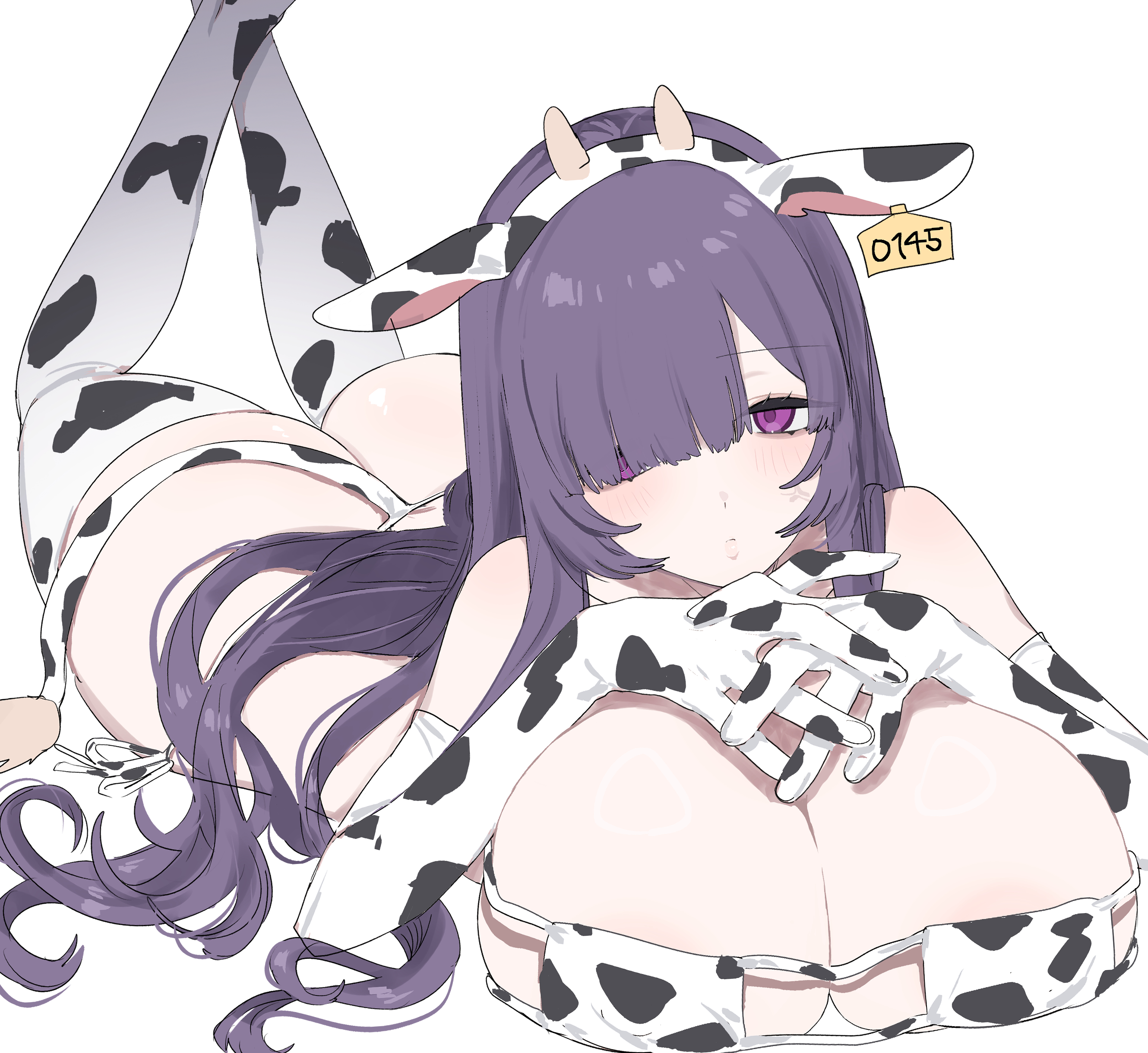 1girls, breasts, cow bikini, cow ears, cow horns, cow print, cow tag, cow tail, ear tag, eurasia (wtp09ptw14), female, francoise (eurasia), huge breasts, long hair, looking at viewer, original, purple eyes, purple hair, wtp09ptw14