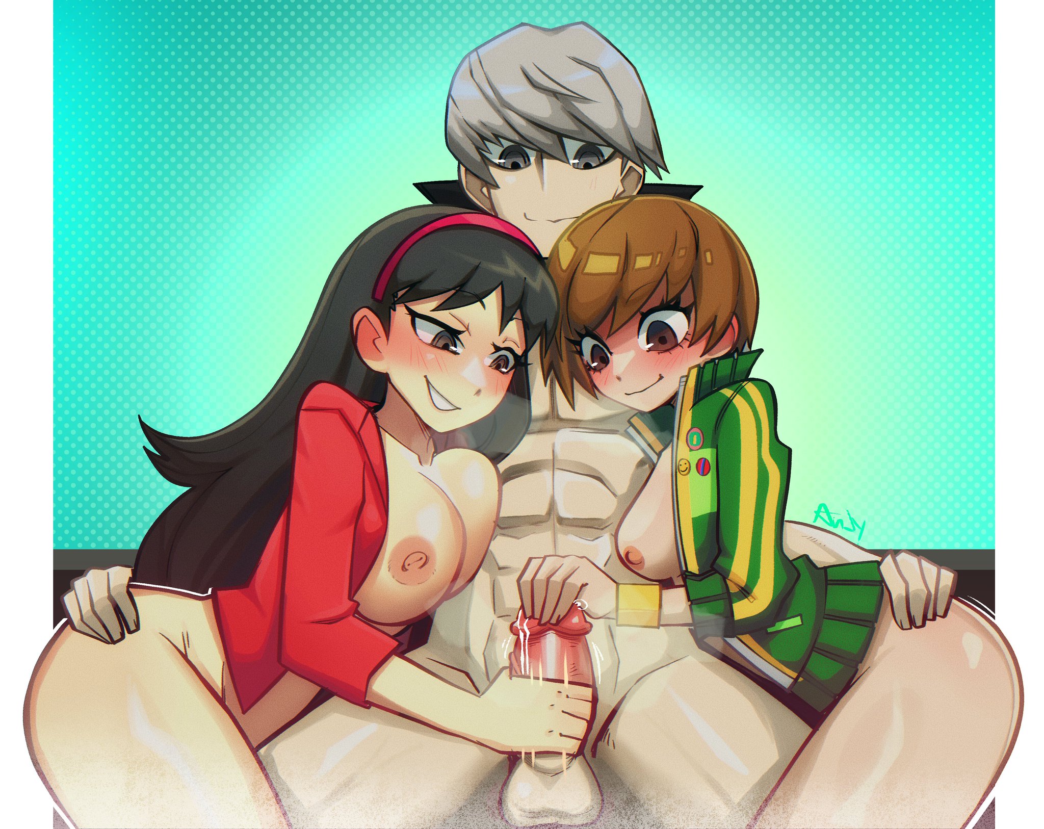 1boy, 2girls, amagi yukiko, andychull, ass grab, big breasts, blush, breasts, cardigan, cumming, double handjob, female, jacket only, male, male/female, medium breasts, narukami yu, penis, persona, persona 4, satonaka chie, smile, straight, teenager, threesome