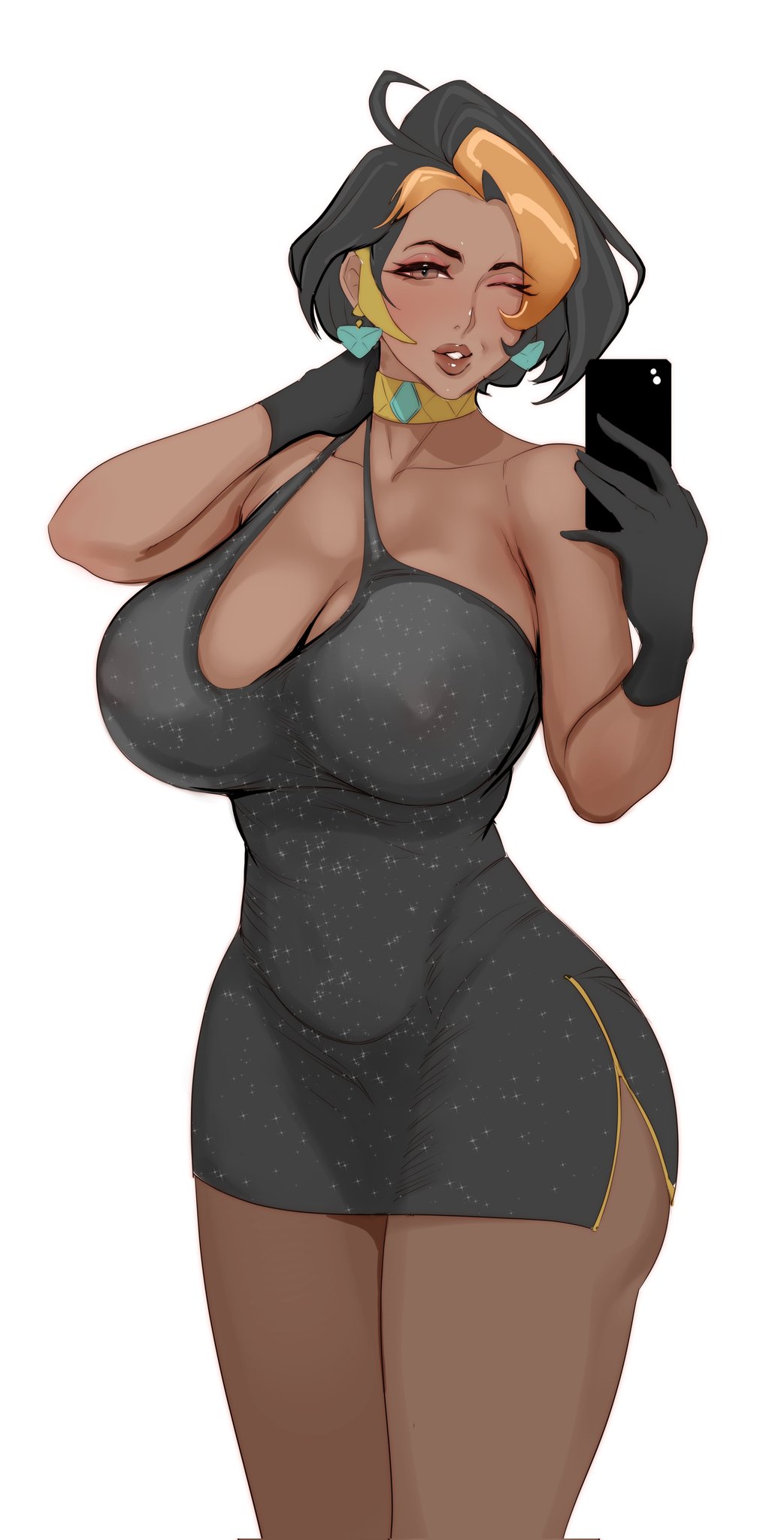1girls, 2026, 2d, 2d (artwork), big breasts, black dress, black hair, breasts, brown eyes, choker, cleavage, clothing, domina, dress, ear piercing, earrings, female, female only, gloves, handwear, hips, holding object, holding phone, huge breasts, human, human only, jnsdh, mature, mature female, neckwear, one eye closed, overwatch, parted lips, phone, questionable, selfie, sfw, short dress, simple background, solo, solo female, thighs, two-tone hair, white background, wink, winking, yellow hair