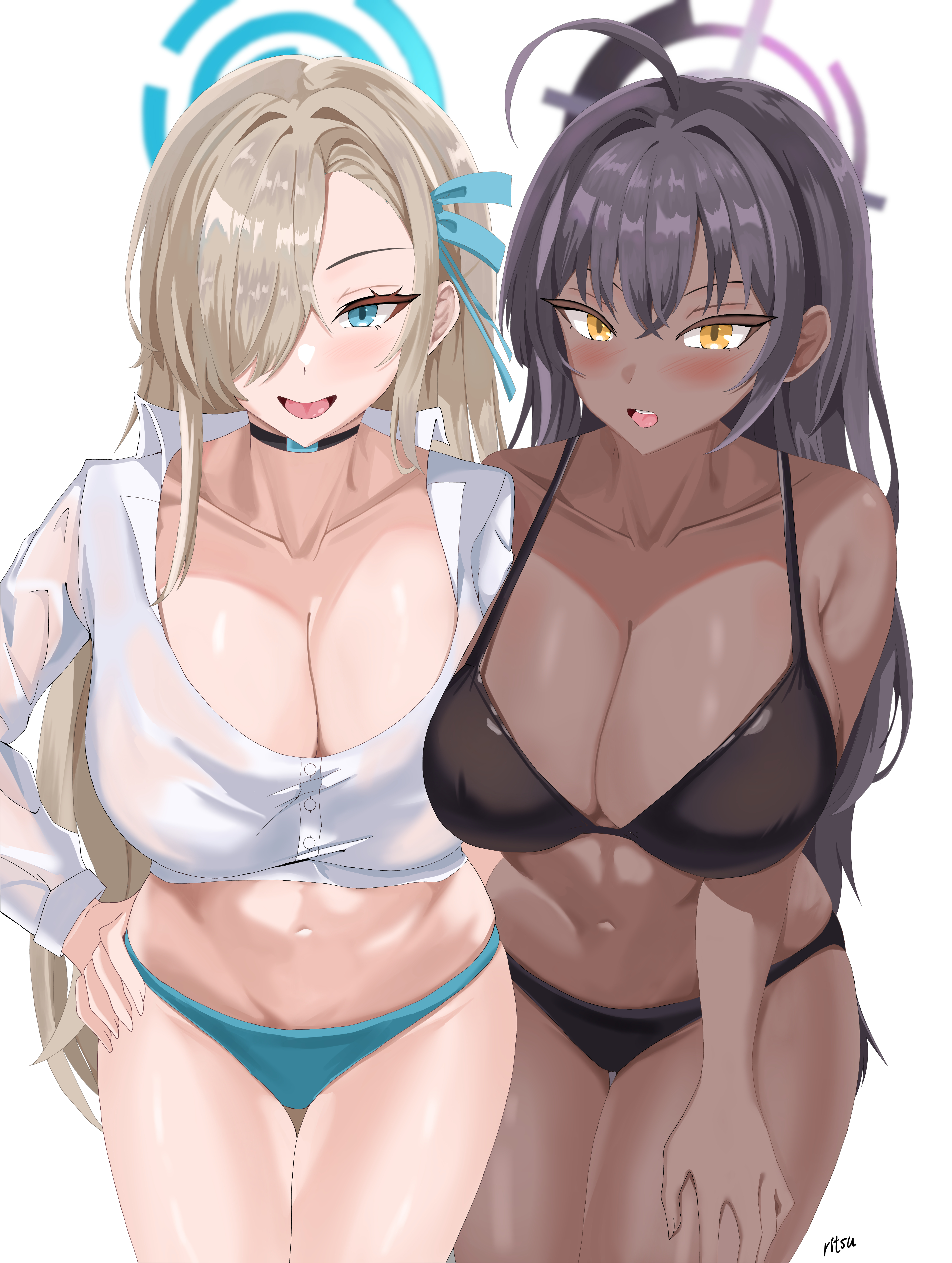 2girls, absurdres, ahoge, asuna (blue archive), asymmetrical docking, bikini, black bikini, black bra, black choker, black hair, black panties, blue archive, blue bikini, blue eyes, blue panties, blue ribbon, blush, bra, breast press, breasts, brown hair, choker, cleaning & clearing (blue archive), cleavage, crop top, dark skin, dark-skinned female, female, hair over one eye, hair ribbon, halo, hand on own hip, hand on own thigh, highres, karin (blue archive), large breasts, light skin, light-skinned female, long hair, looking at viewer, midriff, millennium science school student, navel, open mouth, panties, ribbon, ritsu (vsyhsm), shirt, swimsuit, thigh gap, underwear, white shirt, yellow eyes