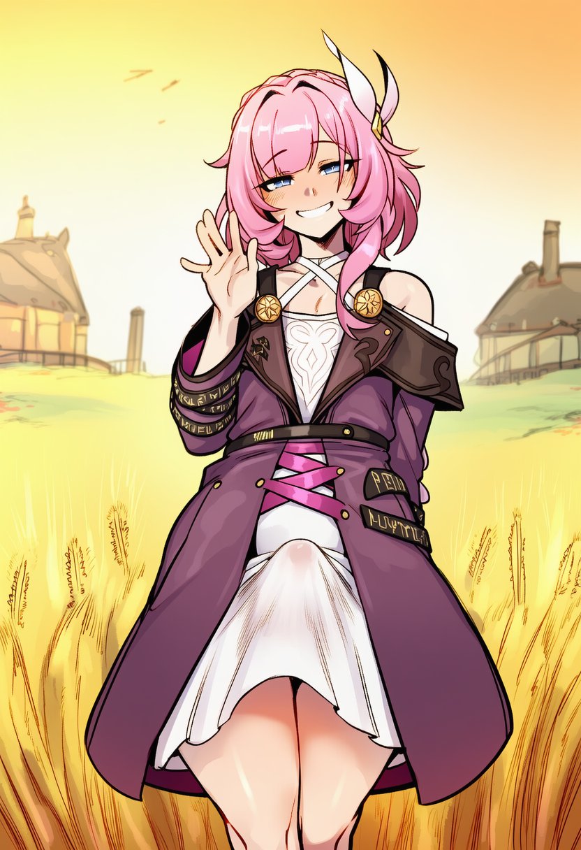 1boy, 1femboy, 2d, ai generated, bare shoulders, big cock, big penis, blue eyes, blush, bulge, bulge through clothing, bulge under clothes, cock, cyrene (honkai: star rail), cyreneceo, dress, erection, erection under clothes, femboy, femboy only, gay, genderswap (ftm), grass, grin, hair ornament, honkai: star rail, large cock, large penis, long sleeves, looking at viewer, male focus, male only, otoko no ko, outdoors, penis, penis bulge, pink hair, smile, solo, solo femboy, solo male, teeth, wave, waving, waving at viewer, white dress