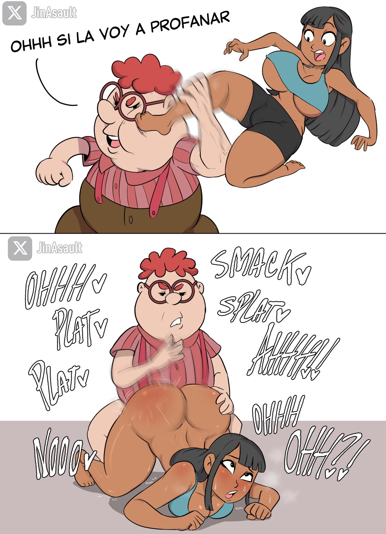 1boy, 1girls, 2d, 2d (artwork), apple butt, big breasts, black hair, breasts, bubble ass, bubble butt, carl wheezer, defeated female, defeated heroine, doggy style, fat male, female, fighting, hi res, highres, instant loss 2koma, jimmy neutron boy genius, jinasault, male, male penetrating female, maledom, nickelodeon, nickelodeon movies, slapping butt, spanish dialogue, spanish text, tanned female, text, tongue out