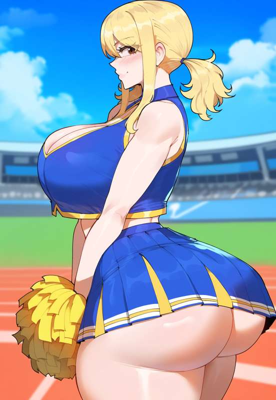 1girls, ai generated, ass, big ass, big breasts, big butt, blonde hair, breasts, brown eyes, butt, cheerleader, cheerleader outfit, cheerleader uniform, creamy ai, fairy tail, female, hair, light skin, light-skinned female, long hair, lucy heartfilia, short skirt, skirt, solo, solo female, thick, thick thighs, thighs
