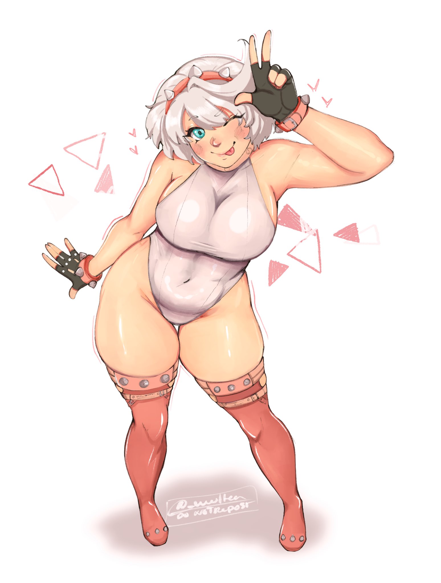 1girls, aqua eyes, blue eyes, breasts, covered navel, elphelt valentine, female, female only, fingerless gloves, gloves, guilty gear, guilty gear strive, large breasts, leotard, one eye closed, plump, short hair, solo, thick thighs, thighhighs, thighs, tongue, tongue out, uuuuultea, v, white hair, white leotard, wide hips