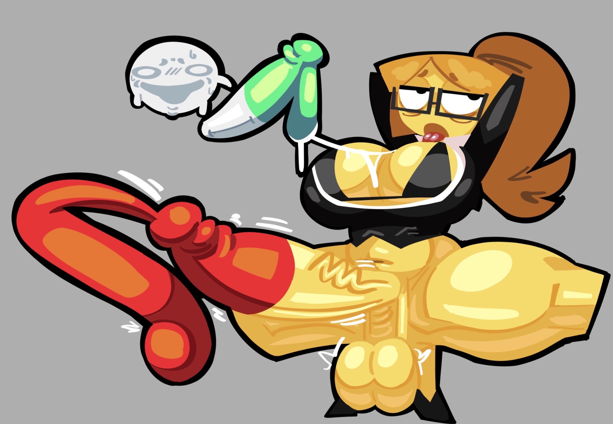 1boy, 1boy1futa, 1futa, after fellatio, after sex, balls, bikini, blonde female, blonde hair, bra, breasts, breasts out, clothed, condom, condom on penis, cum in condom, disembodied penis, emoji (race), eyebags, eyeshadow, fellatio, futanari, glasses, heels, high heels, huge cock, lottieplus, male on futa, male/futa, not henry, office clothing, office lady, penis, ponytail, saliva, saliva trail, sex, squatting, stickman, tagme, tired emoji girl, tongue, tongue out, used condom, used condom on penis, veiny penis, yellow skin, yellow skinned female