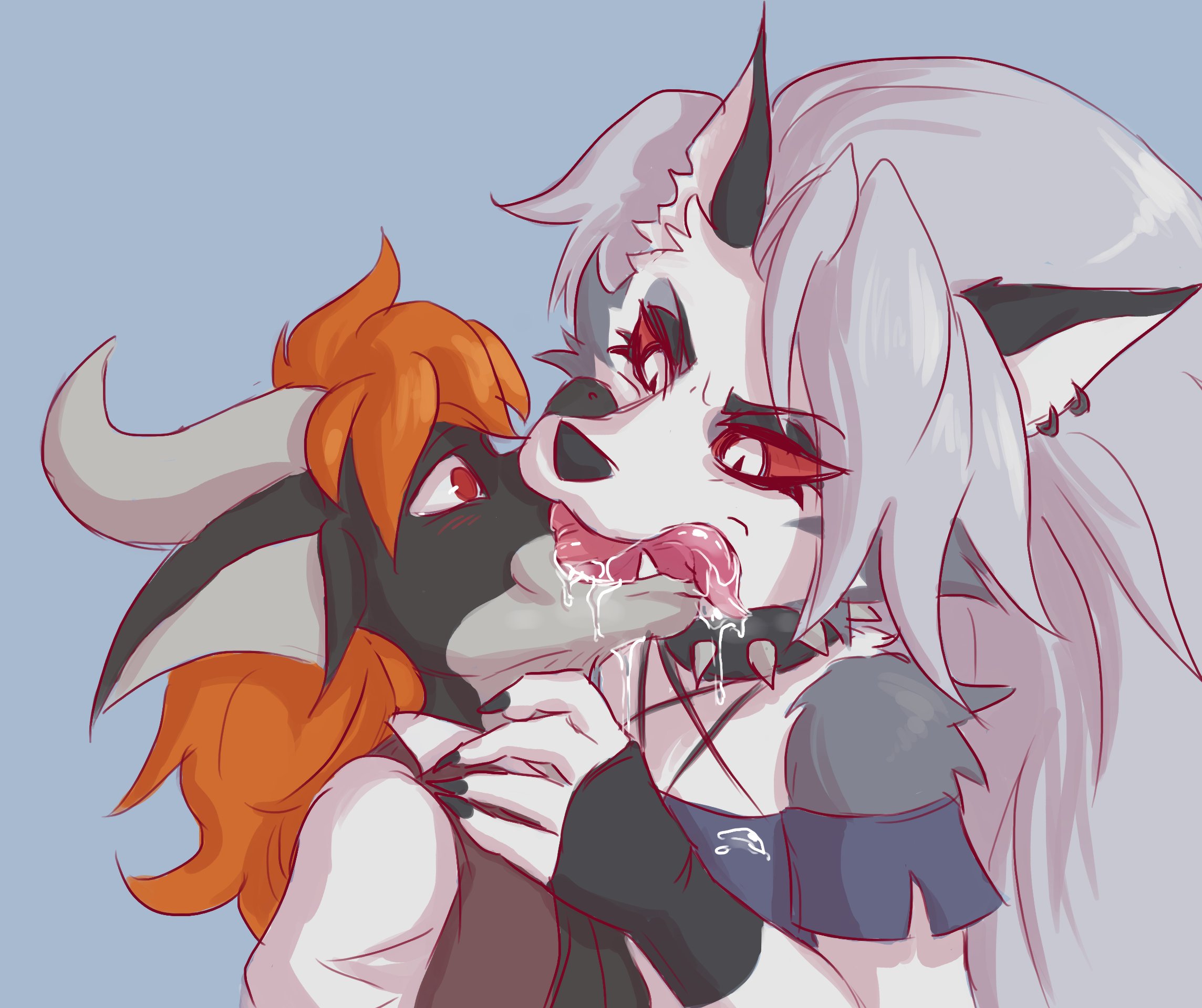ambiguous gender, anthro, black body, blush, blush lines, bodily fluids, canid, canid demon, canine, canis, canon x oc, clothed, clothing, collar, demon, dominant, dominant female, dragon, dripping, duo, ear piercing, excessive saliva, extreme french kiss, eyeliner, female, female/ambiguous, french kissing, fur, grey body, grey fur, grey hair, hellhound, helluva boss, hi res, horn, kissing, looking at another, looking at partner, loona (helluva boss), makeup, mammal, multicolored body, multicolored fur, mythological canine, mythological creature, mythological scalie, mythology, orange hair, piercing, red eyes, red sclera, saliva, saliva drip, scalie, simple background, sloppy kiss, spiked collar, spikes, submissive, submissive ambiguous, tongue, tongue out, topwear, two tone body, two tone fur, ungulatr, white body, white eyes, white fur, wolf