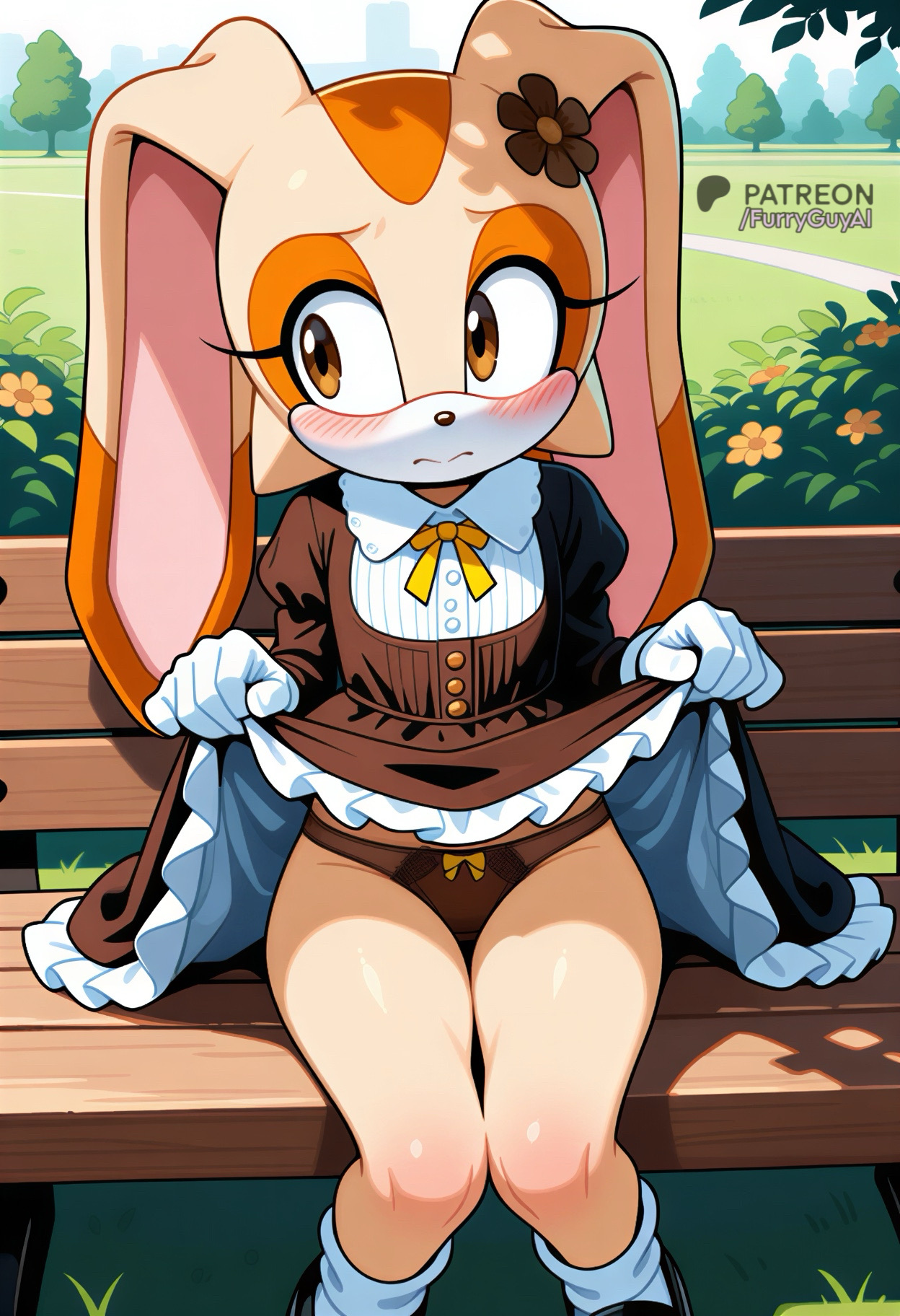 ai, ai art, ai assisted, ai generated, anthro, blush, cream the rabbit, cute, dress, furry, furry female, furryguyai, humanoid, innocent, lifting skirt, looking away, outdoors, outside, panties, rabbit, rabbit ears, rabbit girl, rabbit humanoid, shy, sonic (series), sonic the hedgehog (series), sunlight