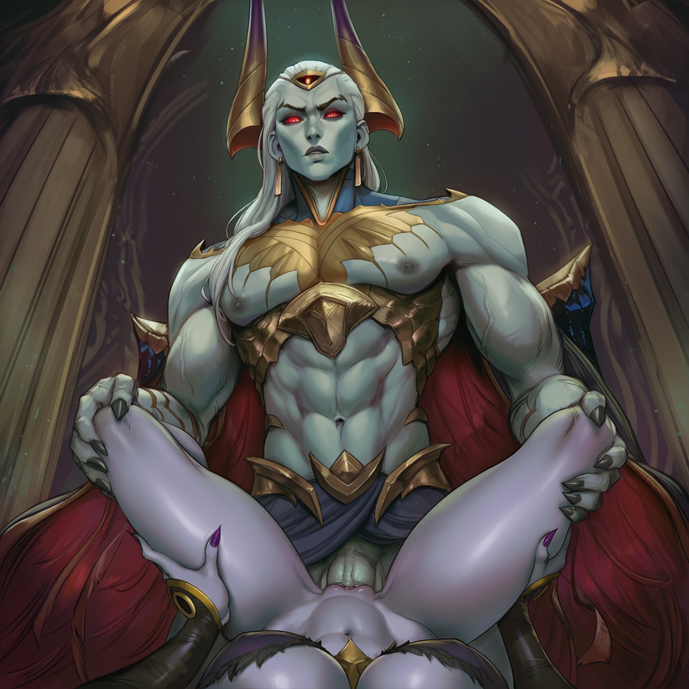 1boy, 1boy1girl, 1girls, abdominal bulge, abs, ai generated, ashen hair, aspect host, athletic, athletic female, athletic male, breasts, curvaceous, curvaceous ass, curvaceous body, curvaceous female, curvaceous figure, curvaceous hips, curvaceous thighs, curvy, curvy body, curvy female, curvy figure, curvy hips, curvy thighs, darkin, earrings, female, female pov, functionally nude, functionally nude female, functionally nude male, girthy penis, grey body, grey skin, jarvanai, large breasts, league of legends, looking at viewer, male, male focus, missionary position, morgana, muscular, muscular male, pecs, penis, pov, pov eye contact, pov female, purple skin, pussy, red eyes, riot games, vaginal penetration, vaginal sex, veiny penis, voluptuous, voluptuous female, waifu, white hair, zaahen (league of legends)