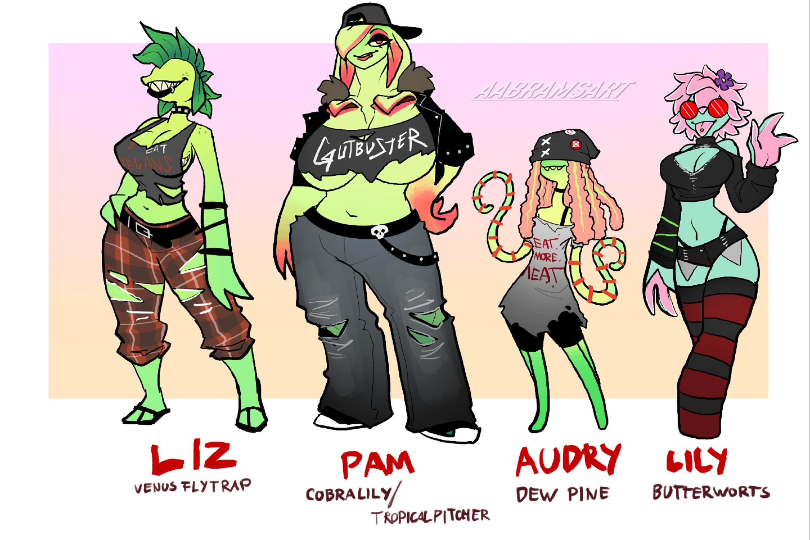 aabramsart, anthro, audrey ii, big breasts, big lips no eyes, breasts, choker, cleavage, clothed, dendrophilia, elemental creature, elemental humanoid, female, flora fauna, goth, goth girl, green body, green lips, green lipstick, grin, huge breasts, large breasts, leaf hair, lip piercing, lipstick, little shop of horrors, long neck, makeup, monster, monster girl, mouth nipples, nipple mouth, no eyes, off the shoulder, pink hair, pitcher plant, plant, plant girl, plant humanoid, plant monster, punk hair, sharp teeth, striped legwear, tagme, tank top, tentacle, thick thighs, tongue, tongue out, tongue piercing, vines, wide hips