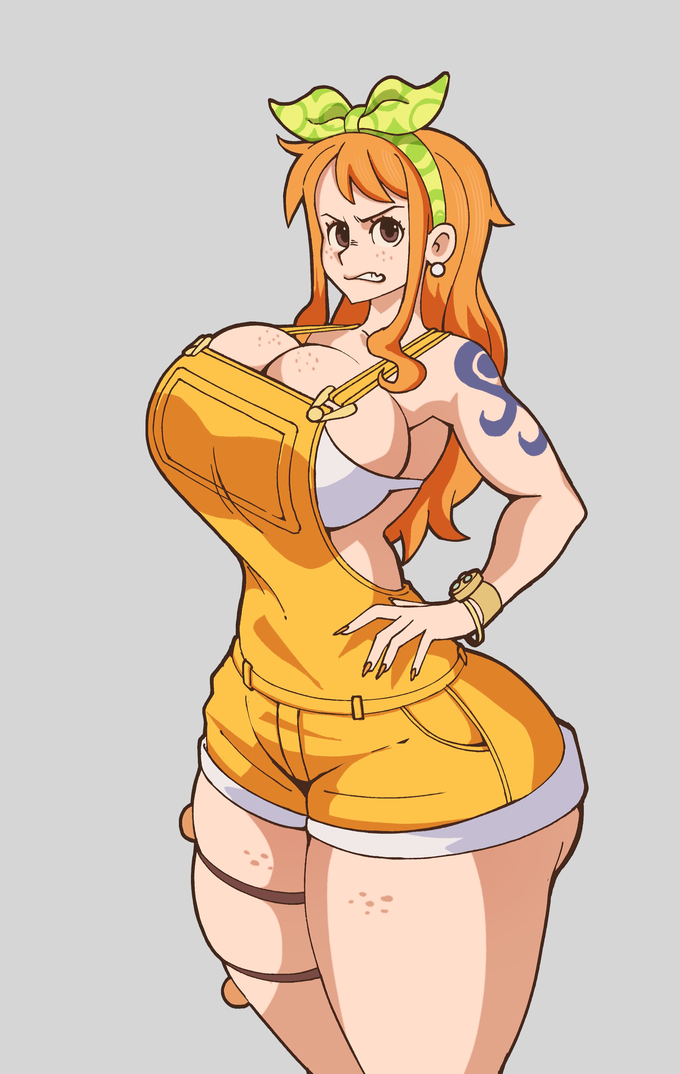 aidancore, arm tattoo, bandaid, bangs, big breasts, body writing, bra, bra peek, bracelet, breasts, cleavage, clothing, earrings, female, female only, grey background, hamjam, hand on hip, jewelry, long hair, nami (one piece), one piece, one piece film stampede, orange hair, short shorts, shorts, shoulder tattoo, solo, sweat, tattoo, teeth, thick thighs, thighs, white bra