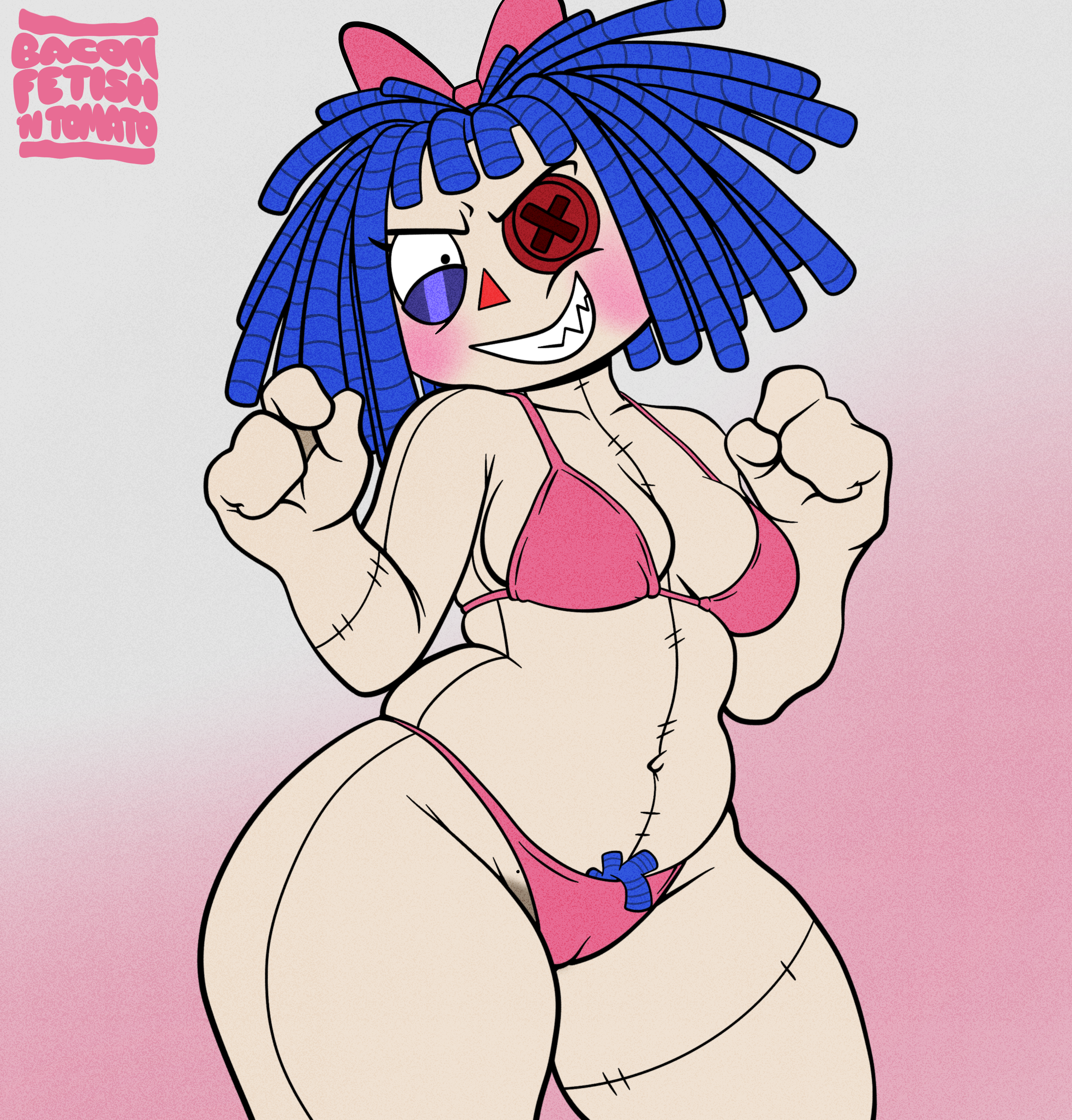 baconfetish'ntomato, bikini, blue hair, blush, cameltoe, chubby, chubby female, evil grin, evil ragatha, evil ragatha (the amazing digital circus), evil smile, glitch productions, gooseworx, pubic hair, ragatha, ragatha (tadc), ragatha (the amazing digital circus), ragdoll, simple background, slightly chubby, slightly chubby female, swimwear, the amazing digital circus, thick thighs, wide hips
