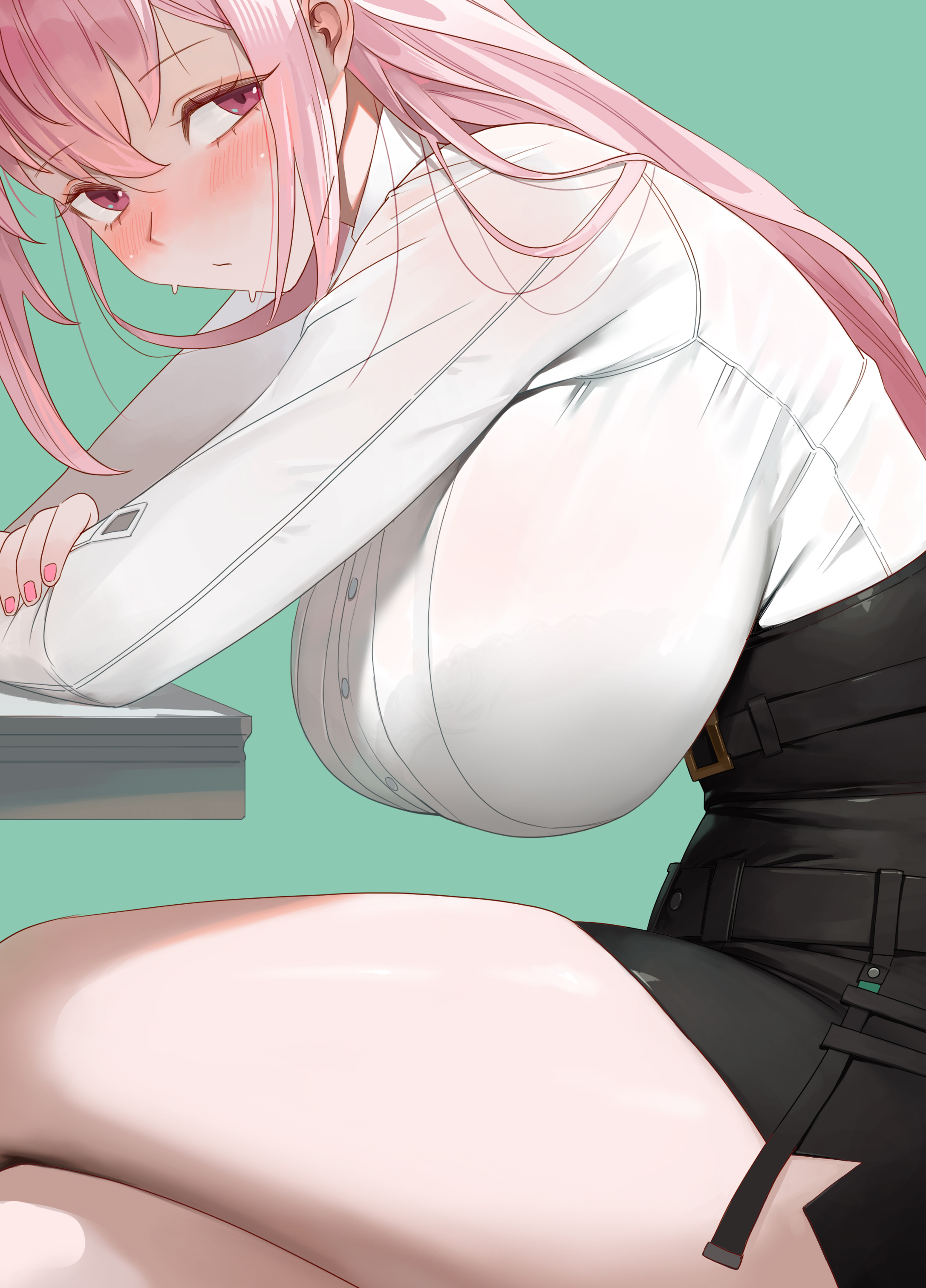 1girls, 2d, 2d (artwork), absurdres, arms on table, big breasts, black skirt, blush, bra visible through clothes, breasts, casual, closed mouth, crossed arms, crossed legs, female, female only, from side, green background, hanging breasts, high-waist skirt, highres, large breasts, looking at viewer, looking to the side, midfinger, pencil skirt, pink eyes, pink hair, school unifor, shirt, skirt, solo, sweatdrop, thighs, tsukishiro yanagi, white shirt, zenless zone zero