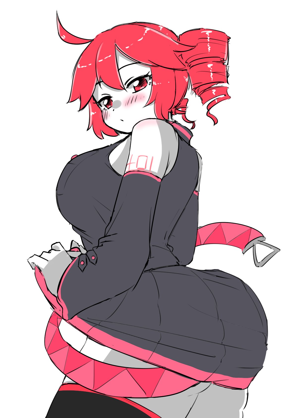 1girls, 2d, 2d (artwork), absolute territory, ahoge, arched back, arm tattoo, ass, ass focus, back, back view, belt, bending forward, bending over, big ass, big breasts, big thighs, breasts, bubble butt, clothed, clothed female, clothing, colored sketch, crop top, cropped jacket, curvaceous, curvy, curvy female, curvy figure, cute, cute face, detached sleeves, fat ass, female, female only, fully clothed, gluteal fold, huge ass, huge breasts, kasane teto, large ass, large breasts, large thighs, leaning forward, looking at viewer, looking back, looking over shoulder, low-angle view, miniskirt, object between thighs, oshijuu748, plump ass, presenting, presenting ass, presenting hindquarters, pulling skirt, red eyes, red hair, round ass, seductive, seductive look, seductive pose, shoulders raised, sideboob, simple background, skirt, skirt pull, solo, solo female, sparkles, sparkling eyes, sticking ass out, tail, tattoo, thick thighs, thighhighs, thighs, twin drills, utau, voluptuous, voluptuous female, white background, wide hips, zettai ryouiki