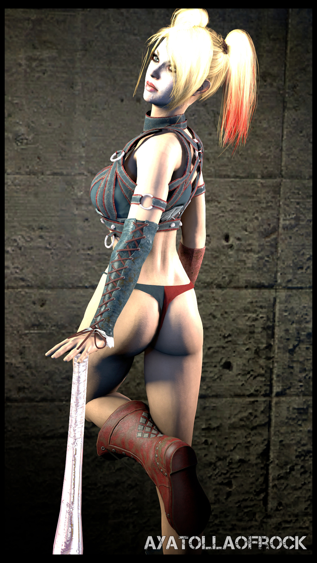 1girls, 2017, 3d, 5 fingers, ass, ayatollaofrock, bare shoulders, baseball bat, batman (series), batman: arkham knight, blonde hair, blue eyes, boots, dc, dc comics, eyebrows, eyelashes, female, hands, harley quinn, harley quinn (arkham knight), harley quinn (arkham), highres, human, legs, lips, lipstick, looking at viewer, looking back, panties, red lipstick, shiny, shiny skin, solo, source filmmaker, standing, thong, thong panties, thong underwear, tied hair, twintails, underwear