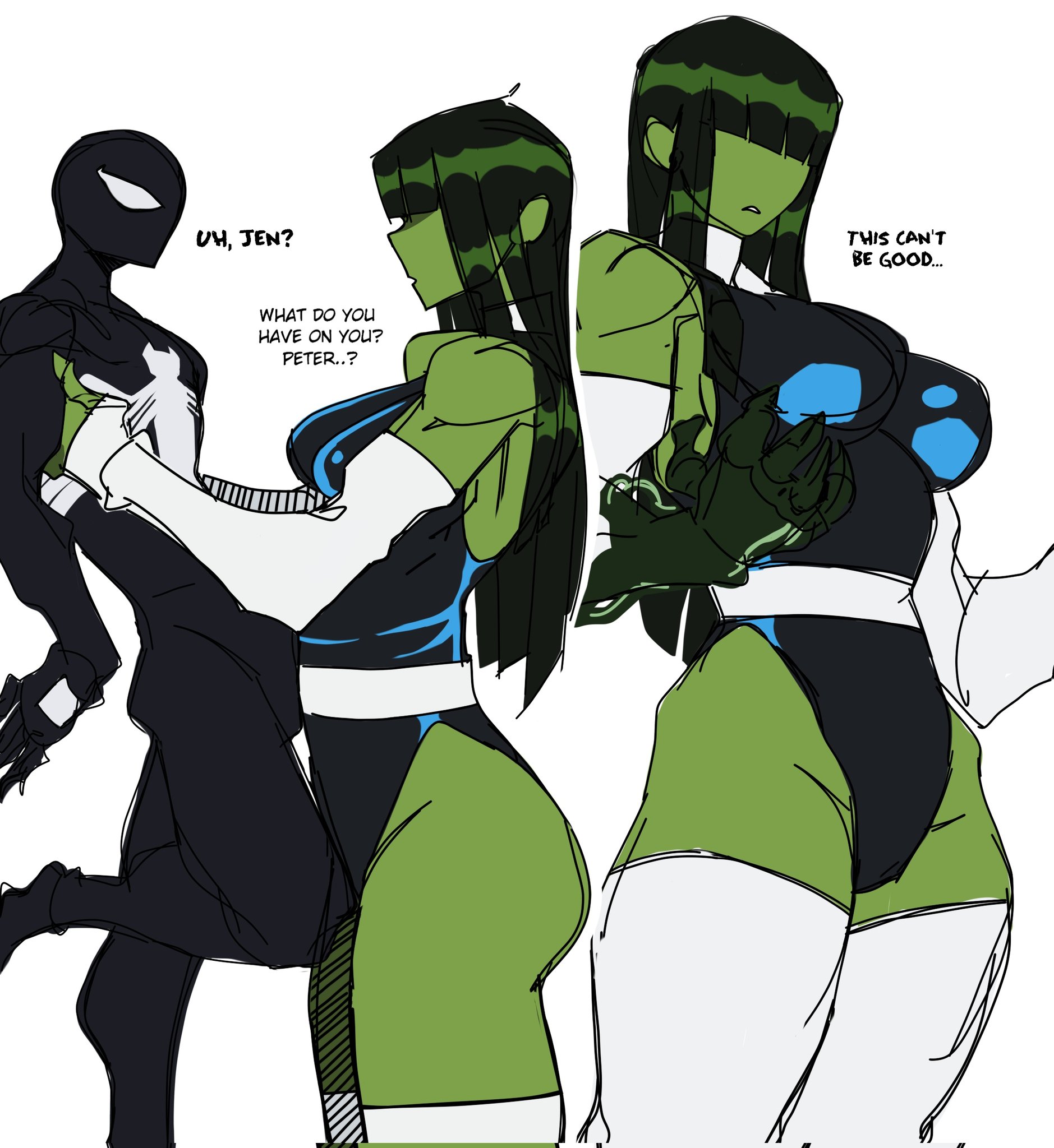 1boy, 1boy1girl, 1girls, avengers, big ass, big breasts, big thighs, bigger female, breasts, curvaceous, curvy, curvy figure, digital media (artwork), fantastic four, female, giantess, green body, green skin, green-skinned female, hair over eyes, height difference, hips, hourglass figure, huge ass, huge breasts, huge thighs, hulk (series), jennifer walters, klyntar, large ass, large breasts, large female, large thighs, larger female, legs, light skin, light-skinned male, macro, macro female, male, marvel, marvel comics, mature, mature female, mini giantess, peter parker, she-hulk, she-hulk (fantastic four), shorter male, size difference, slim waist, smaller male, spider-man, spider-man (series), straight, symbiote, t1tans90, tall, tall female, taller female, thick, thick hips, thick legs, thick thighs, thighs, voluptuous, waist, wide hips, wide thighs