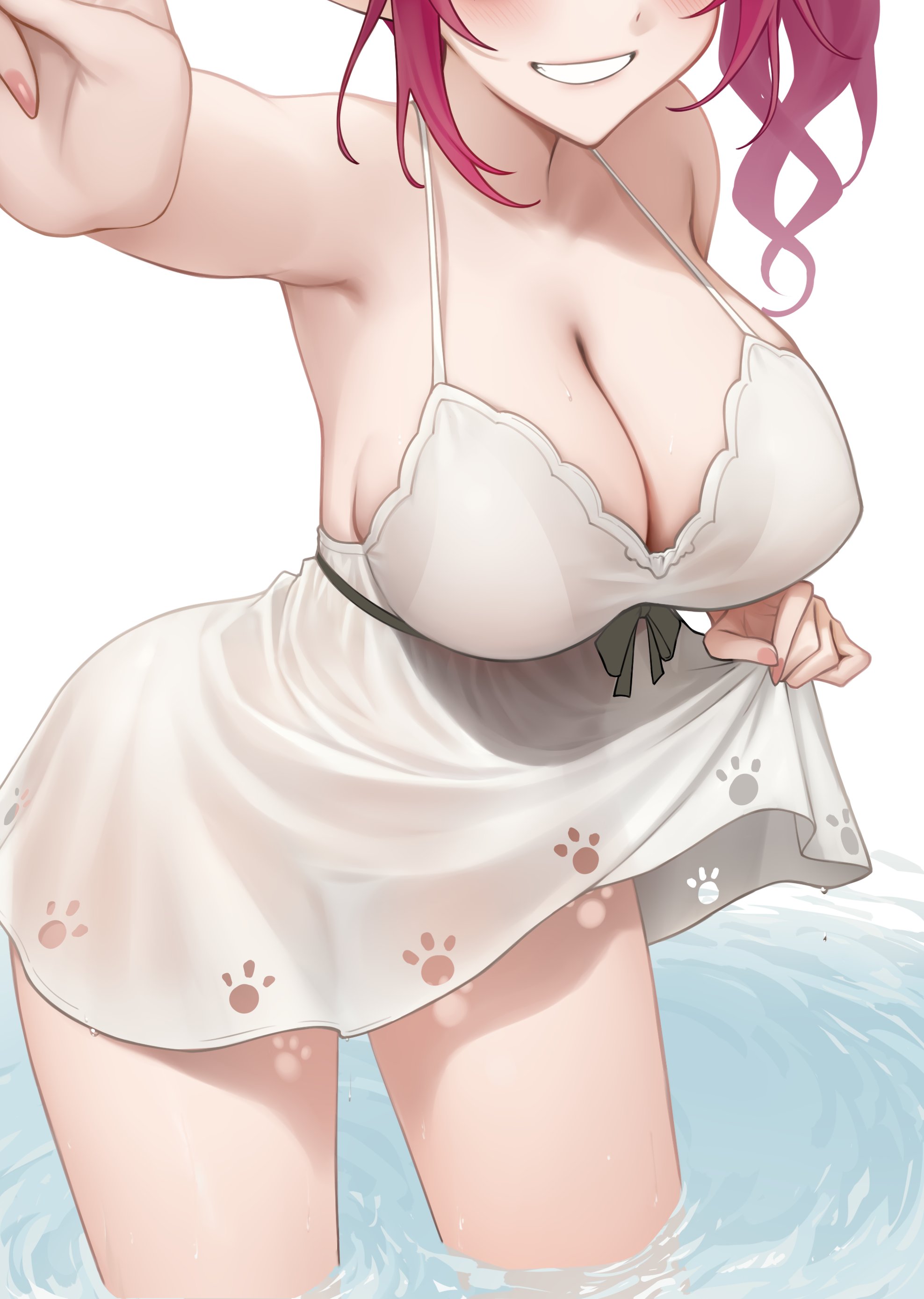 absurdres, arm up, bare shoulders, breasts, cleavage, commentary, dress, english commentary, female, head out of frame, highres, hololive, hololive english, hololive english -promise-, irys, irys (casualrys) (hololive), irys (hololive), large breasts, official alternate costume, paid reward available, partially submerged, red hair, see-through clothes, simple background, smile, solo, somebody (leiking00), virtual youtuber, white background, white dress