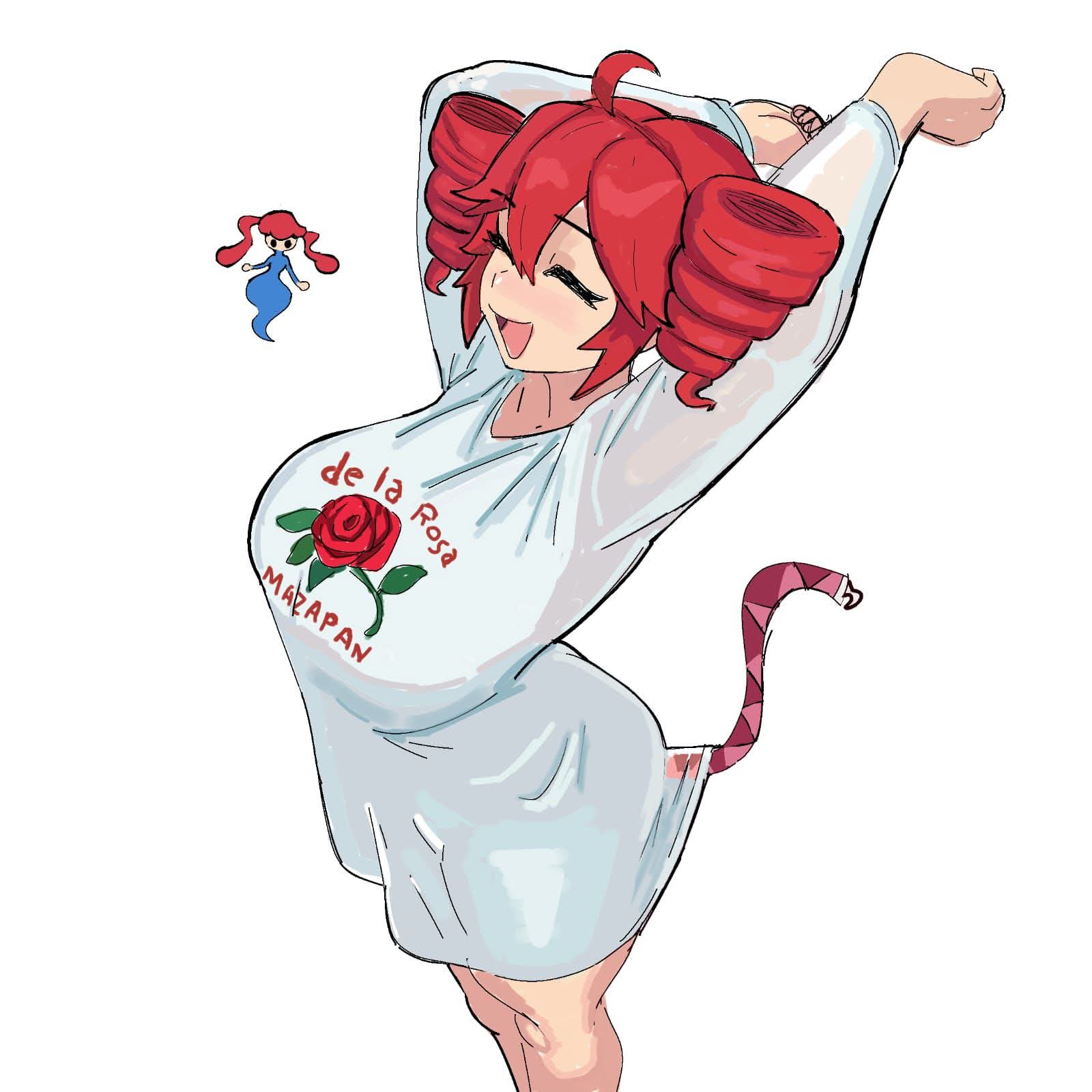 1girls, 2d, 2d (artwork), ahoge, arms up, artist request, ass, big ass, big breasts, big thighs, breasts, closed eyes, curvaceous, curvy, curvy female, curvy figure, eyelashes, fat ass, fat breasts, fat thighs, female, female only, high-angle view, hips wider than shoulders, huge ass, huge breasts, huge thighs, kasane teto, large ass, large breasts, large thighs, open mouth, oversized clothes, oversized shirt, plump, plump ass, plump breasts, plump thighs, red eyes, red hair, shirt, shirt only, simple background, solo, solo female, source request, stretching, tail, thick thighs, thighs, twin drills, utau, voluptuous, voluptuous female, white background, wide hips