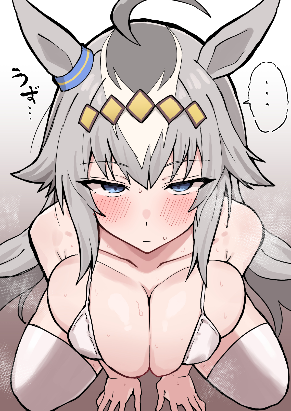 ..., 1girls, ahoge, bikini, blue eyes, blush, female, grey hair, hairband, horse ears, horse girl, japanese text, kneeling, legwear, long hair, oguri cap (umamusume), shimiya (aokuchi), solo, solo female, stockings, sweat, thighhighs, umamusume, white bikini, white legwear