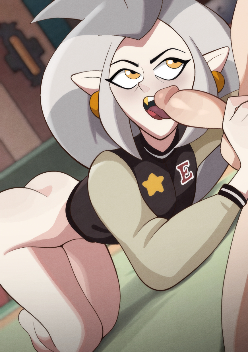 1boy, 1girls, ass, blowjob, bottomless, earrings, eda clawthorne, female, letterman jacket, light skin, light-skinned female, light-skinned male, looking at partner, male, male/female, newguy1091, no panties, on knees, partial male, penis, pointy ears, the owl house, tongue out blowjob