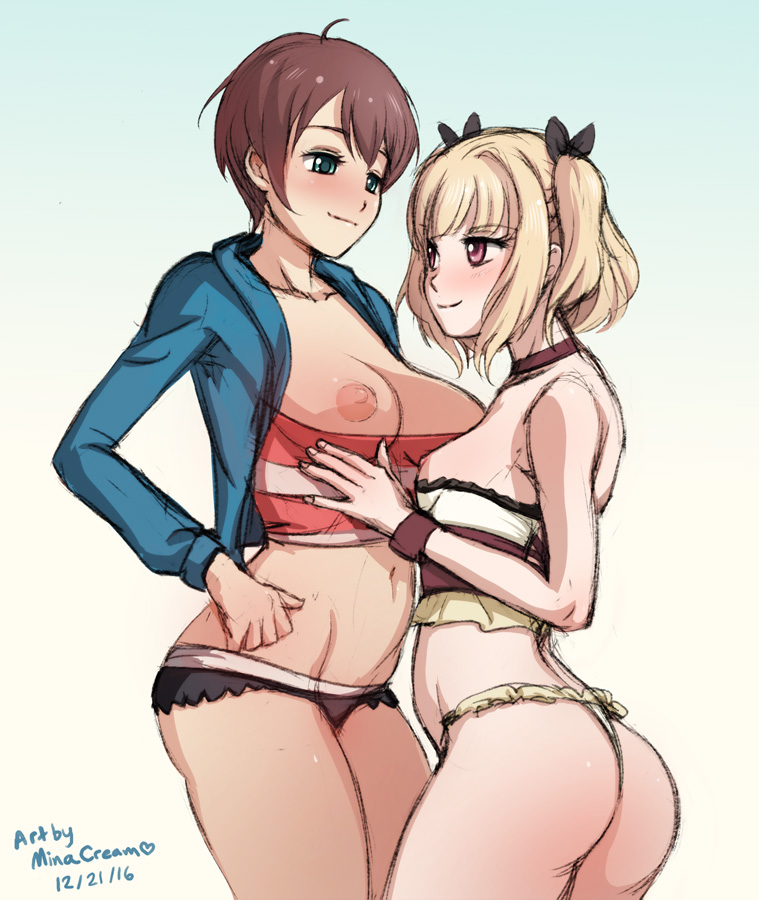 2girls areolae ass blonde_hair blush breasts breasts_out brown_hair clothing female female_only green_eyes groin iijima_yun large_breasts minacream multiple_girls navel new_game! nipples no_bra panties red_eyes shinoda_hajime short_hair shorts small_breasts smile underwear very_short_hair white_panties yuri