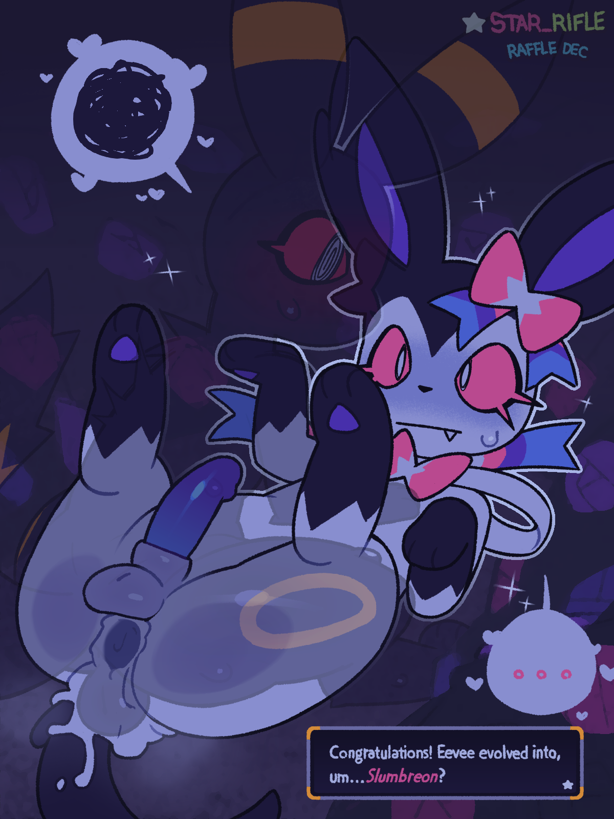 anal, black body, black fur, blue penis, bodily fluids, brown body, brown fur, cum, cum in ass, cum inside, duo, eeveelution, ellipsis, english text, evolution (transformation), evolution through sex, feral, feral on feral, feral penetrated, feral penetrating, feral penetrating feral, fur, fusion, generation 2 pokemon, generation 6 pokemon, genital fluids, genitals, hi res, imagination, male, male/male, markings, night, nintendo, penetration, penis, pokemon, pokemon (species), pokemon fusion, red sclera, sex, star rifle, surprised, sylveon, tail, text, tongue, tongue out, transformation, umbreon, x-ray view, yellow markings