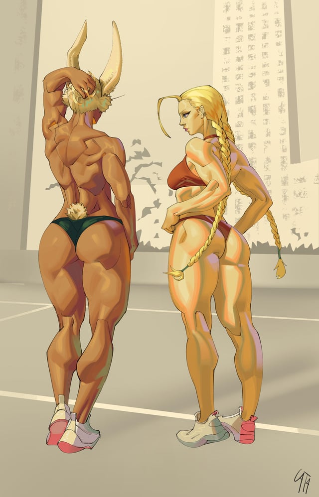 2d, 2d (artwork), 2girls, back muscles, back to viewer, back view, black panties, blonde female, blonde hair, blue eyes, boku no hero academia, braided hair, braided twintails, cammy white, capcom, catastropart, dark skin, dark-skinned female, female, female only, light skin, light-skinned female, mirko, miruko, muscles, muscular female, my hero academia, public topless, rabbit ears, rabbit girl, rabbit tail, red bra, red panties, rumi usagiyama, street fighter, street fighter 6, tomboy, topless, topless female, white hair