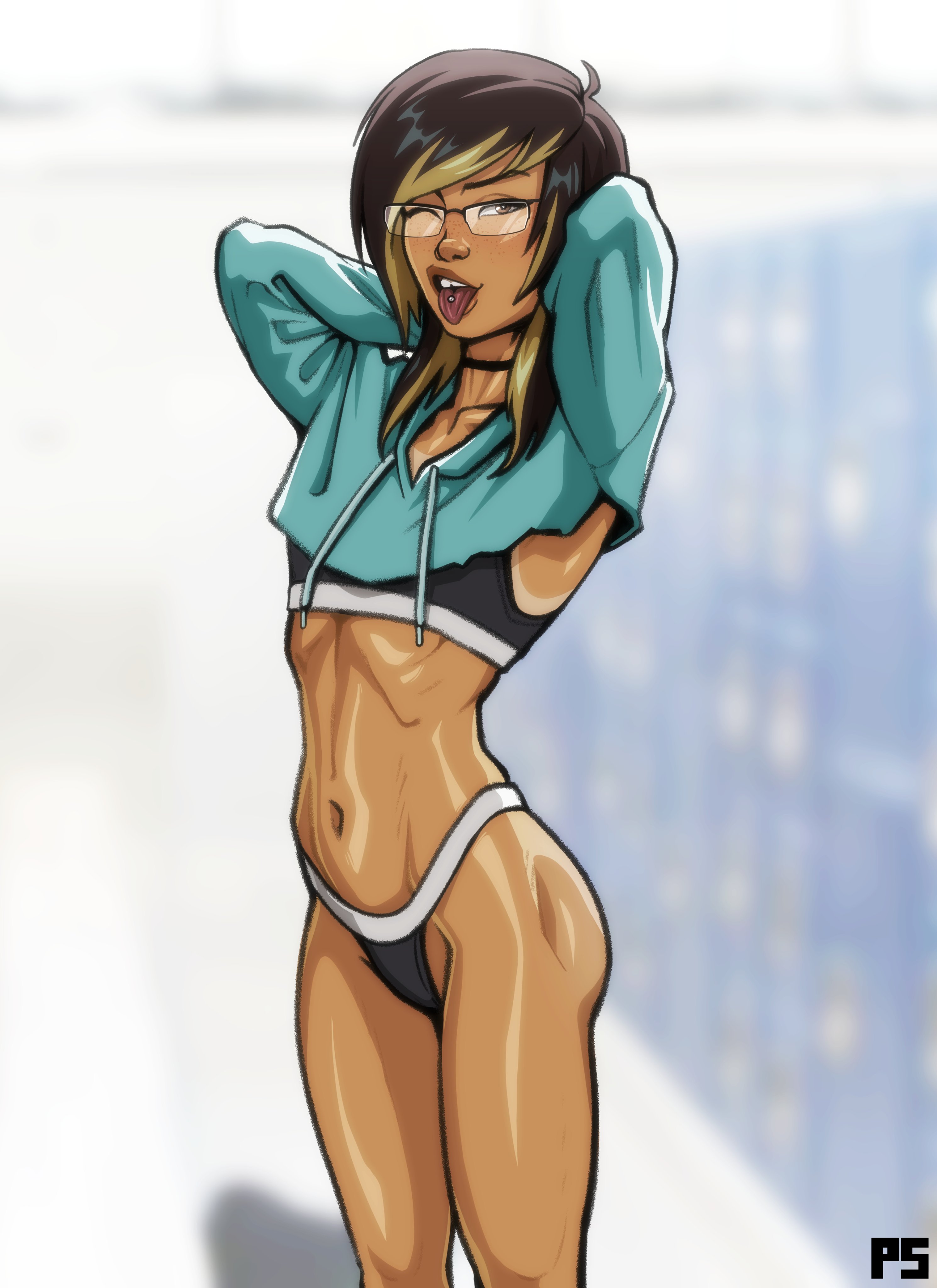 1girls, 2025, absurd res, arms up, ass, athletic, athletic female, belly button, blonde hair, breasts, brown eyes, brown hair, choker, clothed, clothed female, clothing, crop top, cropped hoodie, eyewear, female, fit, fit female, freckles, freckles on face, front view, fully clothed, glasses, hair, hands behind head, hi res, hoodie, human, legs together, long hair, looking at viewer, multicolored hair, navel, nicky chen, one eye closed, open mouth, original, original character, piercing, pose, posing, pumpkinsinclair, seductive, seductive look, seductive pose, seductive smile, signature, slim waist, small breasts, smile, smiling, smiling at viewer, solo, sports bikini, sports bra, sportswear, standing, stomach, swept bangs, tan body, tan skin, tan-skinned female, tanline, tanlines, teeth, thighs, tongue, tongue out, tongue piercing, two-tone hair, wink, winking at viewer