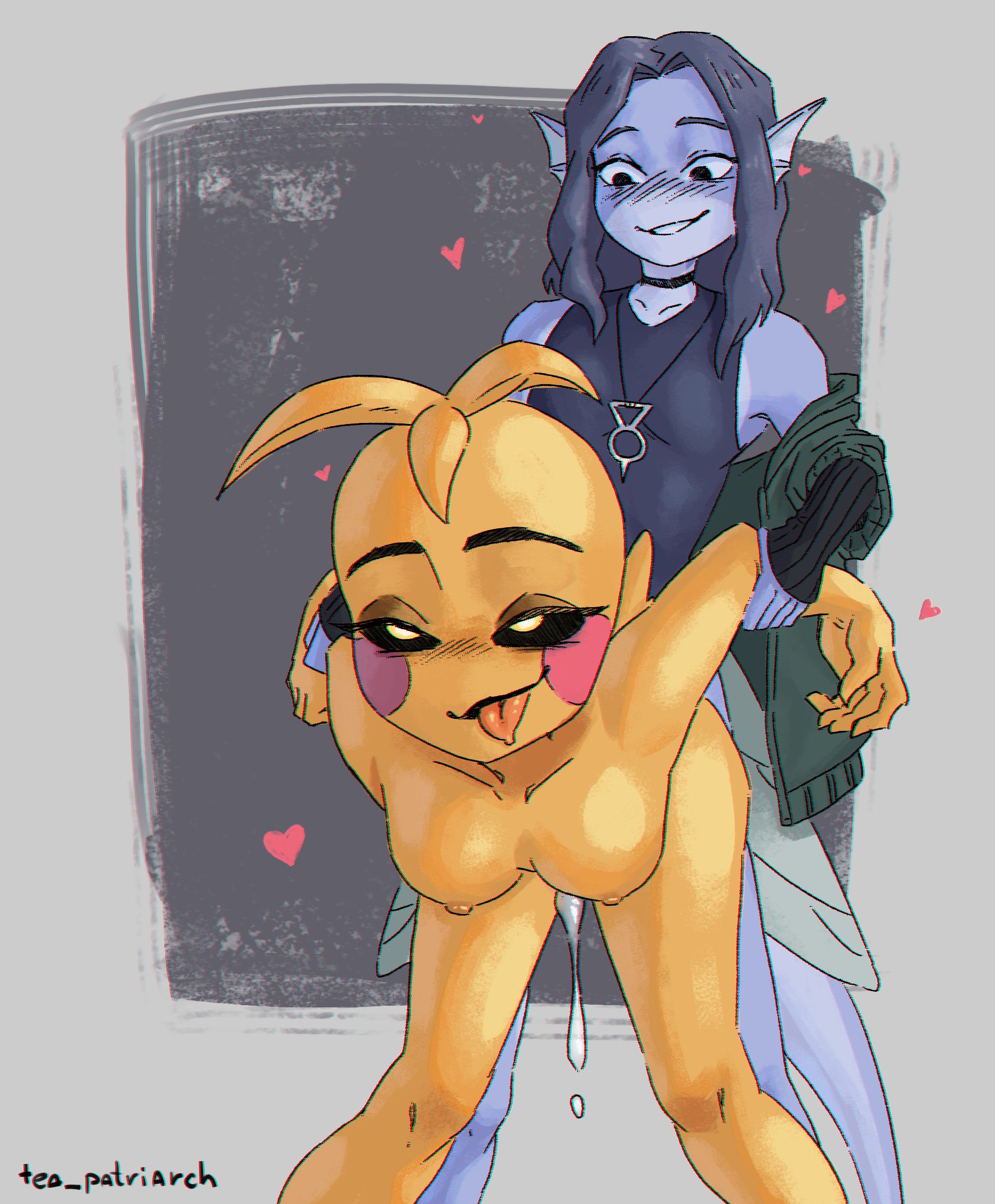animatronic, anthro, avian, beakless, big ass, bird, blush, bodily fluids, breasts, chicken, clothing, cum, digital media (artwork), duo, female, female penetrated, five nights at freddy's, five nights at freddy's 2, galliform, genital fluids, hair, hi res, machine, male, male penetrating, male penetrating female, male/female, nipples, nude, open mouth, penetration, phasianid, robot, scottgames, sex, simple background, smile, tail, tea (tea patriarch), tea patriarch, toy chica (fnaf), yellow body