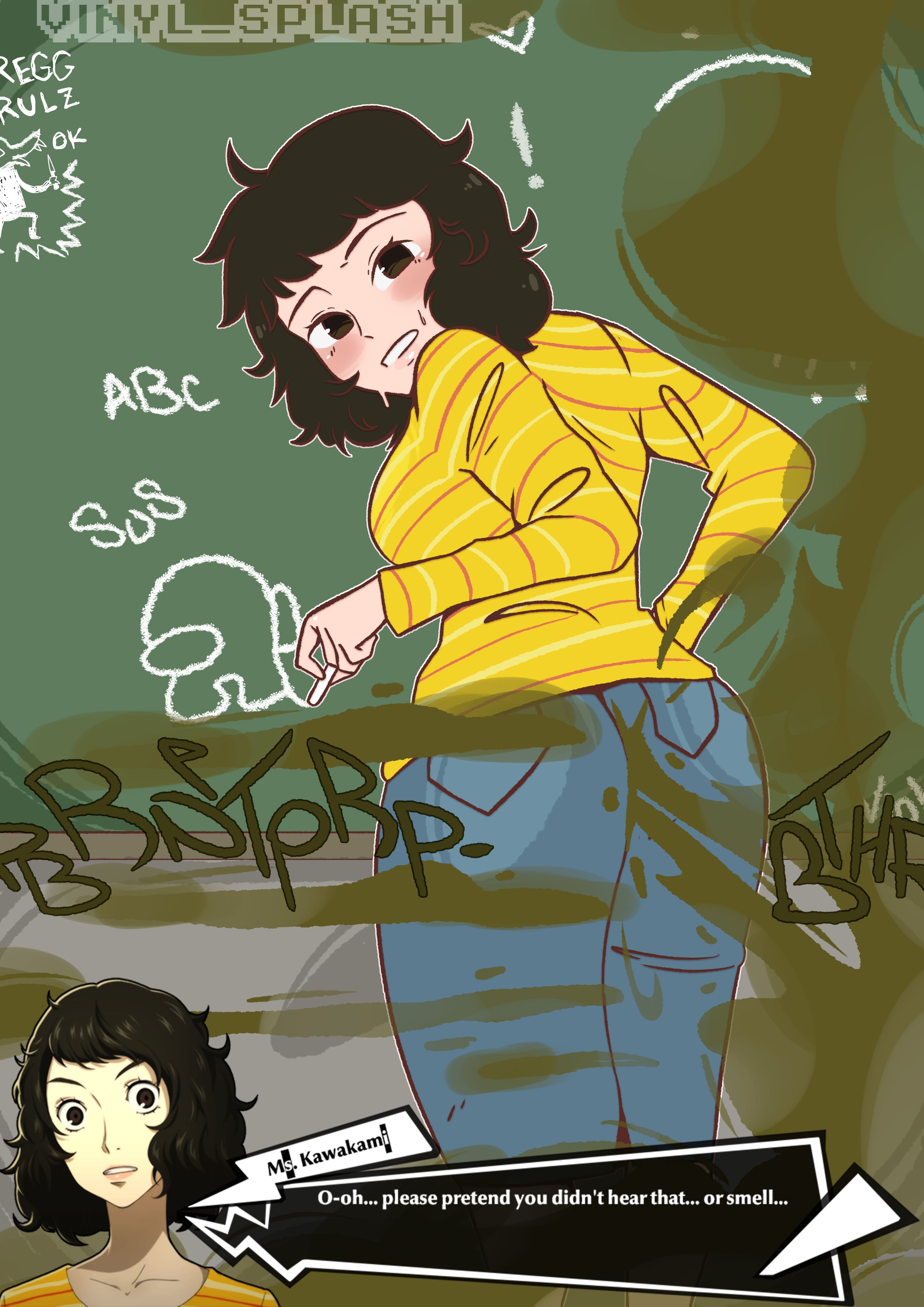ass, ass focus, brown hair, embarrassed, fart, fart fetish, farting, female, female only, fetish, persona, persona 5, sadayo kawakami, teacher, vinylsplash