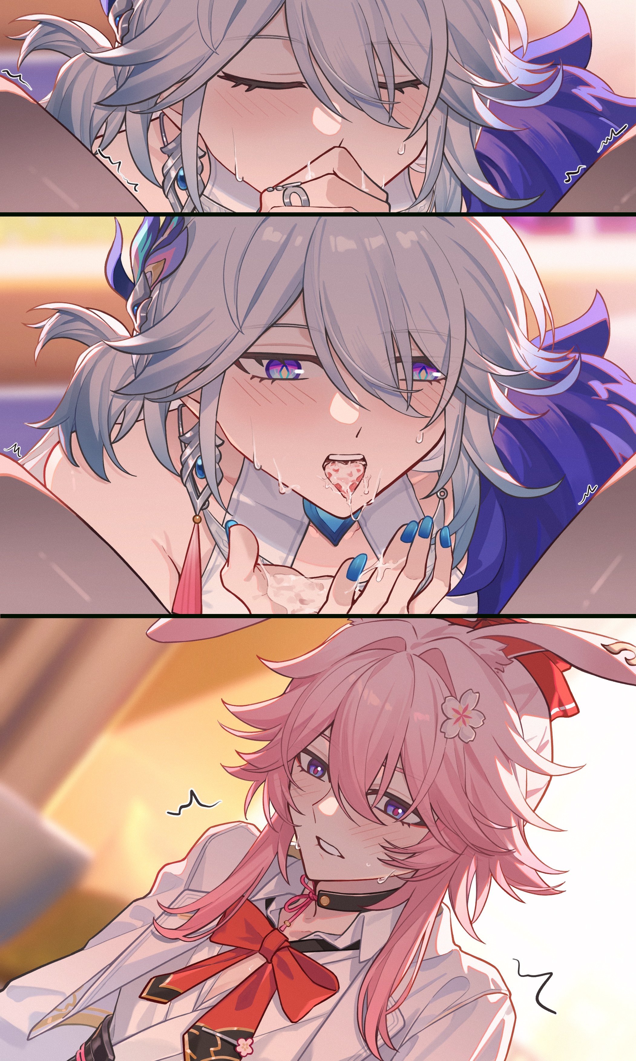 blowjob, blush, blushing, bunny ears, bunny girl, clothed, clothed sex, clothes, clothing, cum, cum in mouth, cum inside, dickgirl, dominant female, evanescia (honkai: star rail), futanari, honkai (series), honkai: star rail, hoyoverse, implied blowjob, implied futa, implied sex, long hair, penis in mouth, pink hair, submissive female, white hair, yao guang (honkai: star rail), yuri