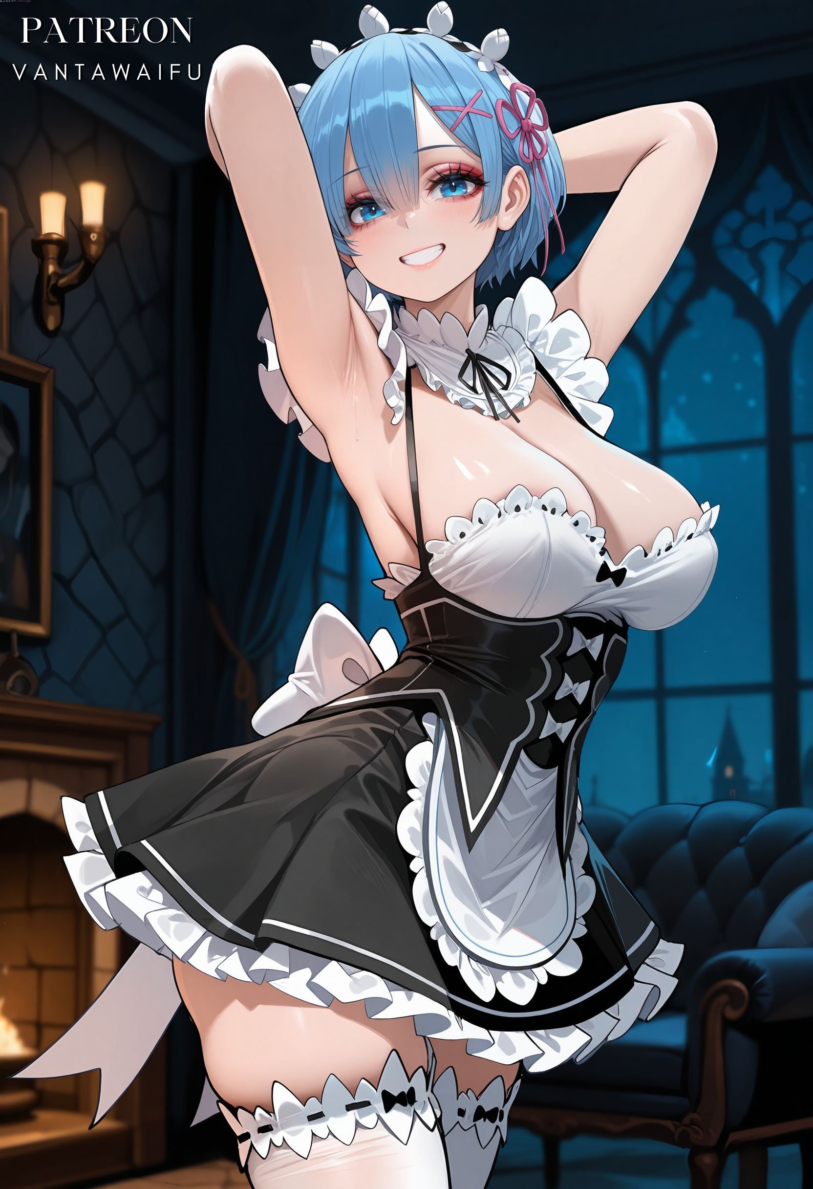 ai generated, apron, armchair, armpits, arms behind head, arms up, artist name, back bow, bangs, bare arms, bare shoulders, black dress, black ribbon, blue eyes, blue hair, blush, breasts, cleavage, clothing, couch, cowboy shot, detached collar, dress, female, fireplace, flower knot, frilled dress, frills, grin, hair ornament, hair ribbon, hairband, headdress, headwear, indoors, interracial, large breasts, legwear, looking at viewer, maid, maid headdress, netorare, night, ntr, patreon username, pink ribbon, presenting armpit, re:zero kara hajimeru isekai seikatsu, rem (re:zero), ribbon, ribbon-trimmed legwear, roswaal mansion maid uniform, short hair, sleeveless dress, smile, solo, standing, thighhighs, thighs, uniform, vantawaifu, white apron, white bow, white legwear, white thighhighs, window, x hair ornament, zettai ryouiki