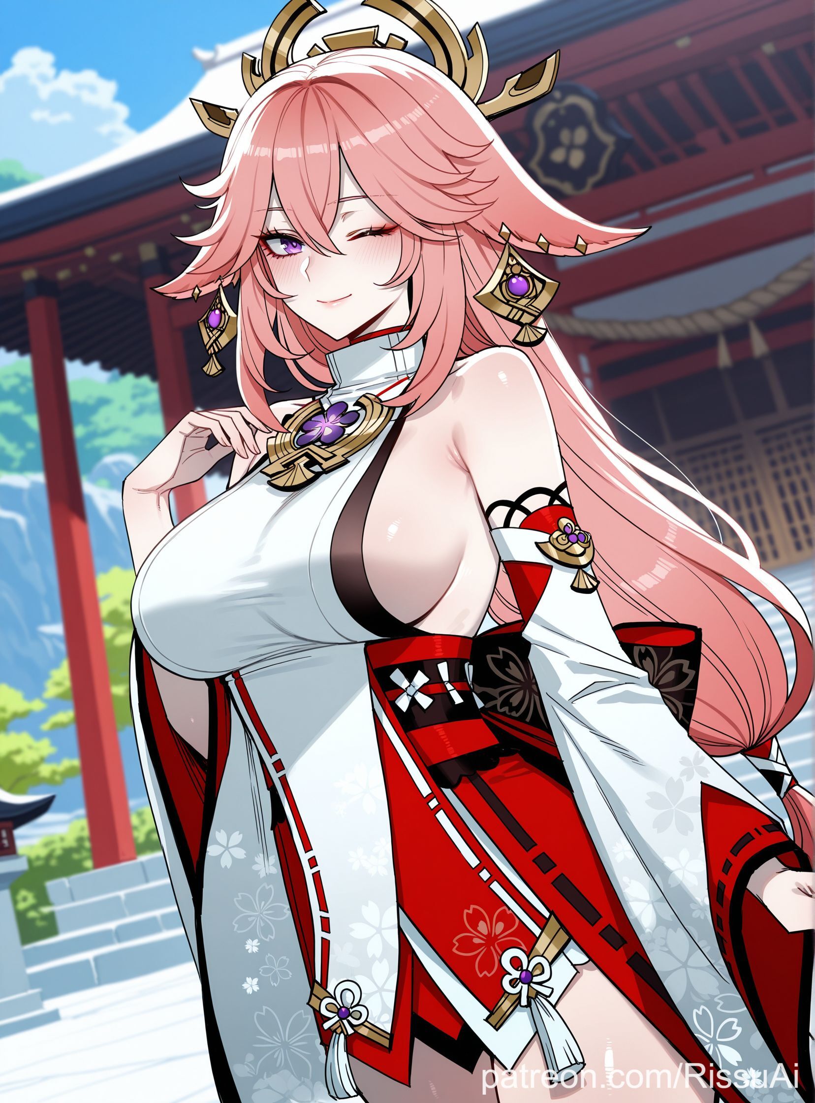 1girls, ai generated, animal ears, bare shoulders, big ass, big breasts, blush, day, earrings, female, female only, floppy ears, genshin impact, hair between eyes, hair ornament, hoyoverse, japanese clothes, jewelry, long hair, looking at viewer, makeup, outside, pink hair, purple eyes, rissuai, seductive smile, solo, turtleneck, white shirt, wink, yae miko, yae miko (genshin impact)