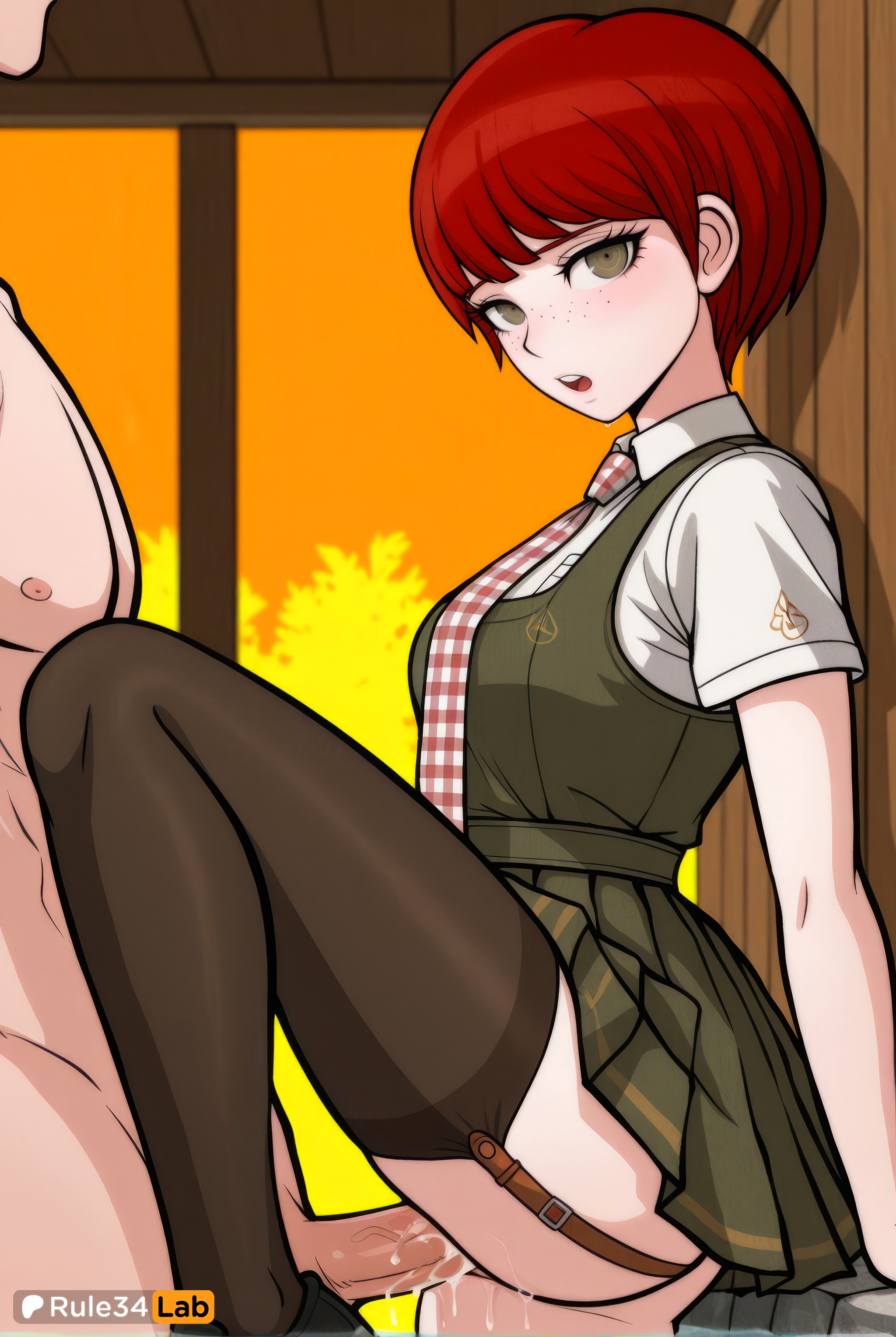 1boy, 1boy1girl, 1girls, ai generated, artist name, ass, black footwear, black thighhighs, breasts, brown eyes, clothed female nude male, clothed sex, collared shirt, completely nude, cum, cum in pussy, danganronpa, danganronpa 2: goodbye despair, dress, female, freckles, from side, garter straps, green dress, green eyes, hi res, indoors, koizumi mahiru, looking at viewer, male, necktie, no panties, nude, open mouth, penis, pinafore dress, plaid necktie, pleated dress, pleated skirt, pussy, red hair, red necktie, rule34lab, school uniform, sex, shirt, short hair, short sleeves, skirt, sleeveless, sleeveless dress, solo focus, straight, sunset, teeth, thighhighs, twitter logo, uncensored, upper teeth only, vaginal penetration, vaginal sex, white necktie, white shirt