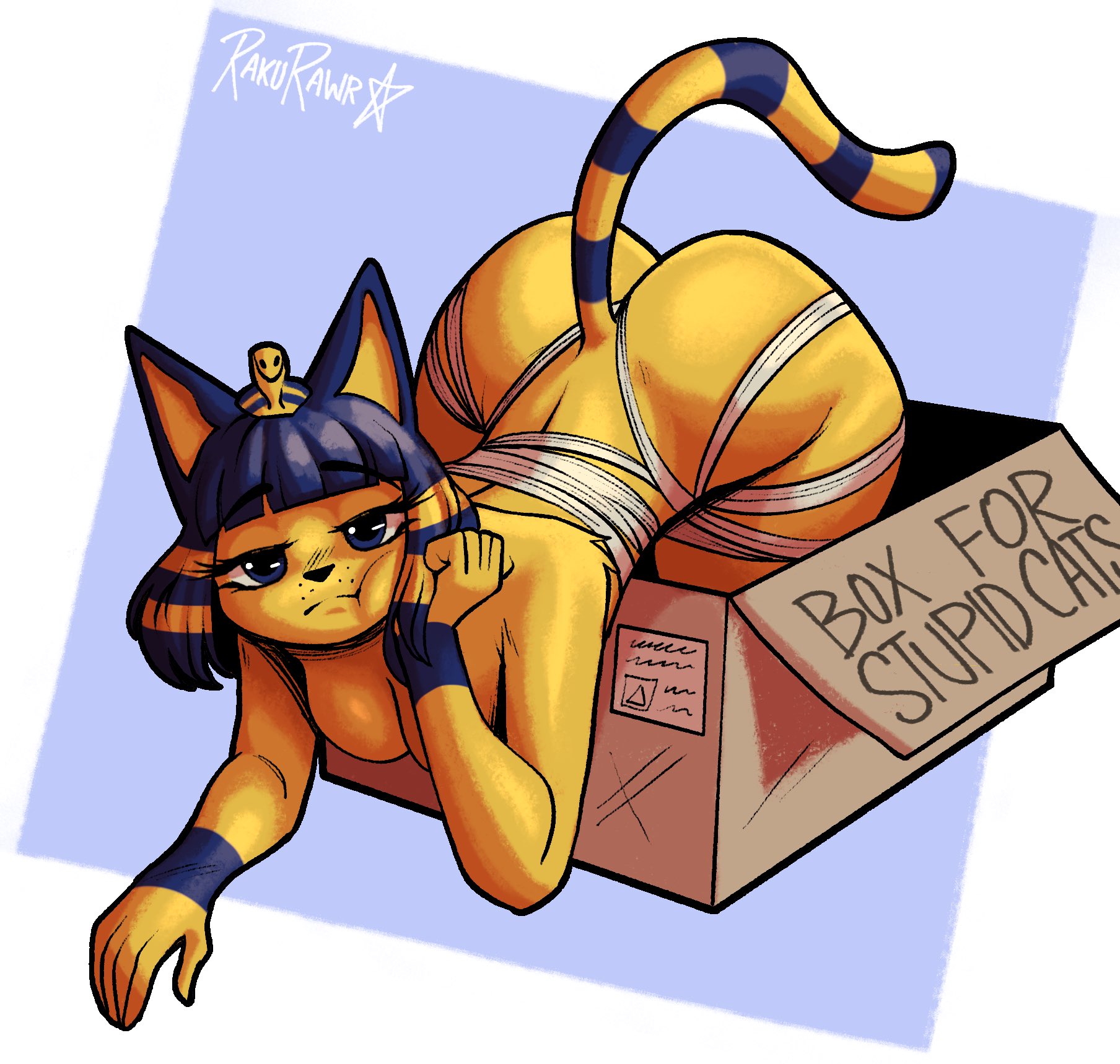 animal crossing, ankha, ankha (animal crossing), anthro, ass, bandage, big butt, bored, box, clothing, coniraccoon, container, domestic cat, egyptian, egyptian clothing, felid, feline, felis, female, hi res, kneeling, looking at viewer, mammal, nintendo, rakurawr, solo, text, thick thighs, yellow body